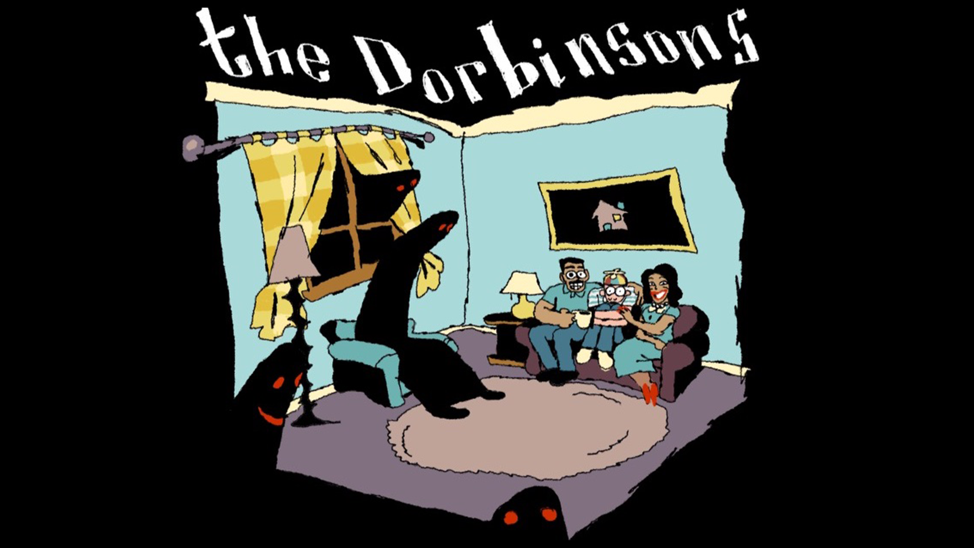 Illustrated Image of Family sitting on the couch surrounded by dark figures scattered throughout the room.