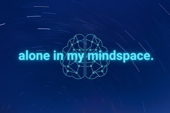 Blue bacground with blue text that says Alone in my mindspace witha brain behind it