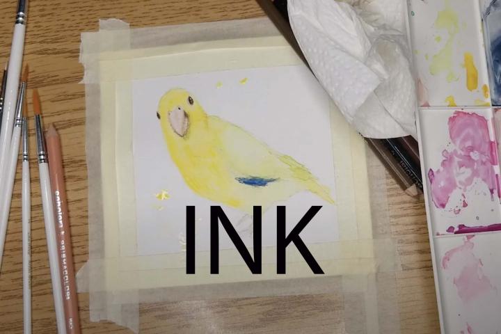 A photo of a yellow bird and mixing water colour paints. Words Ink in Black