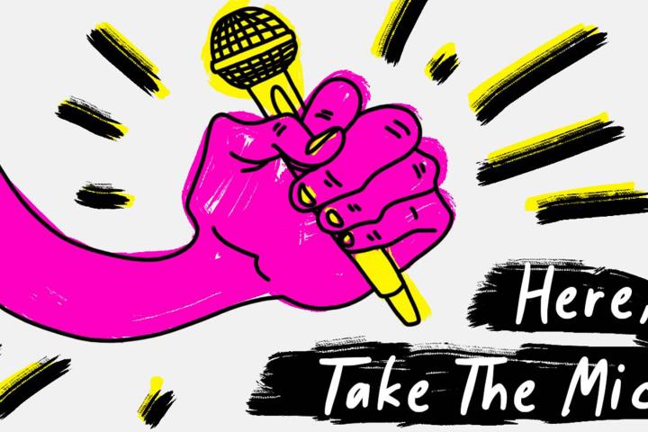 An illustration of a pink hand holding a microphone.
