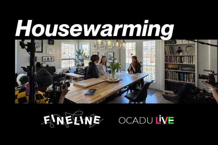 Housewarning title with people sitting around a table and a film crew filming them