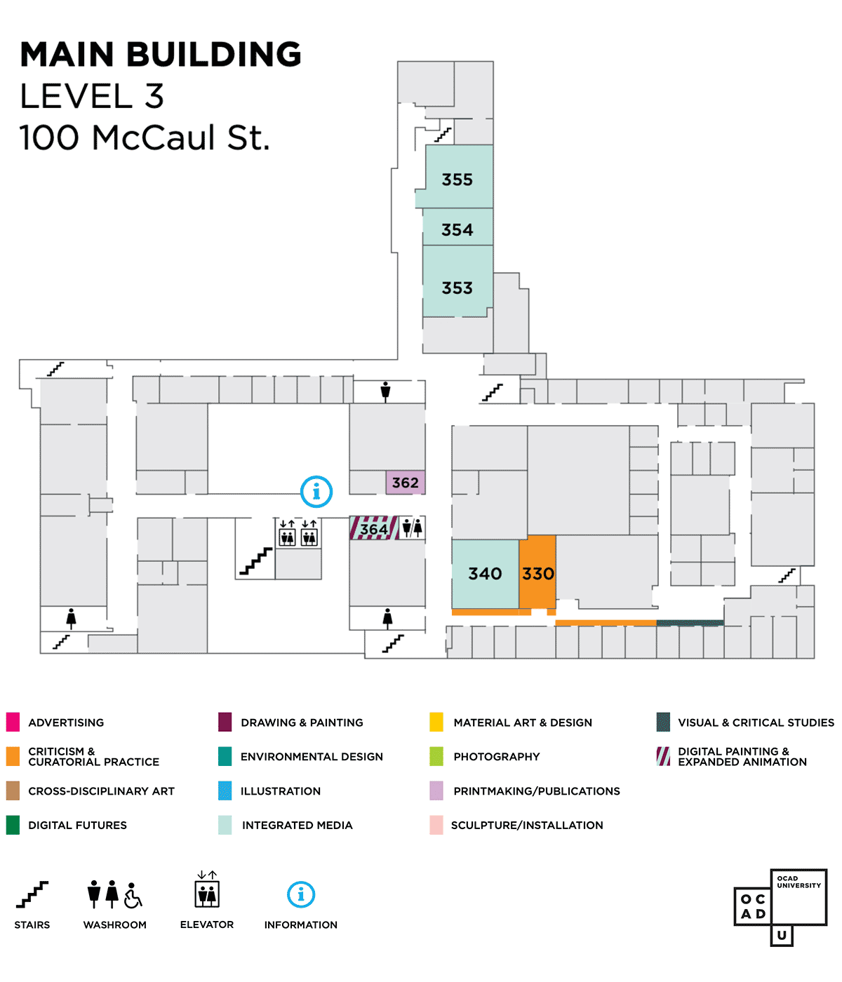 Map of 100 McCaul street level 3. Exhibitions in rooms 330, 340, 353, 354, 355, 362, 364.