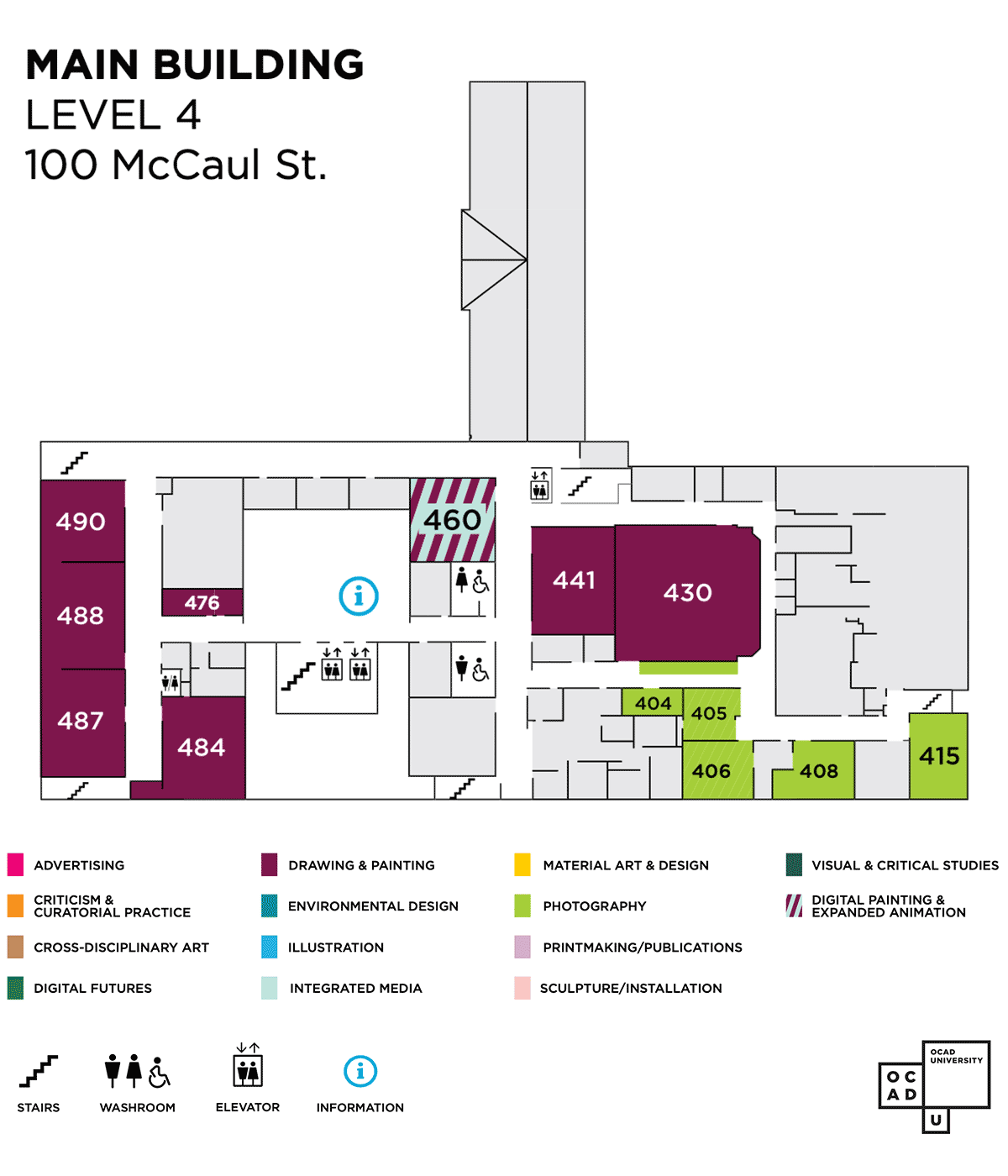 Map of 100 McCaul street level 4. Exhibitions in rooms 404, 405, 406, 408, 415, 430, 441, 460, 476, 484, 487, 488, 490.