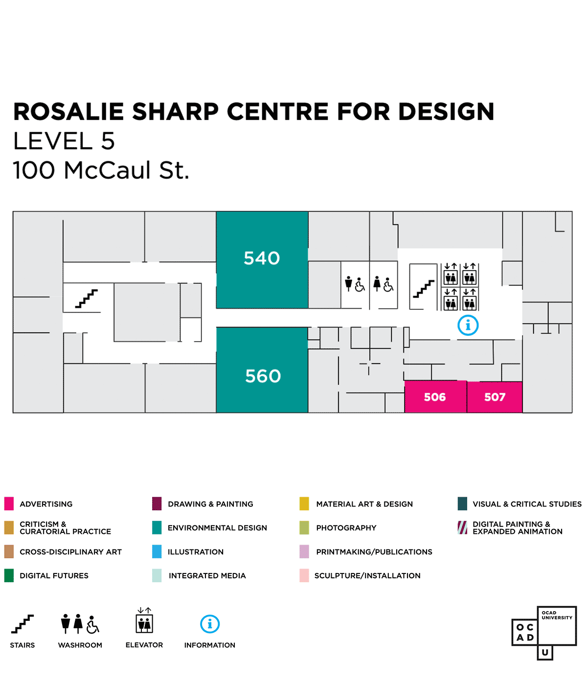 Map of 100 McCaul street level 5. Exhibitions in rooms 506, 507, 540, 560.
