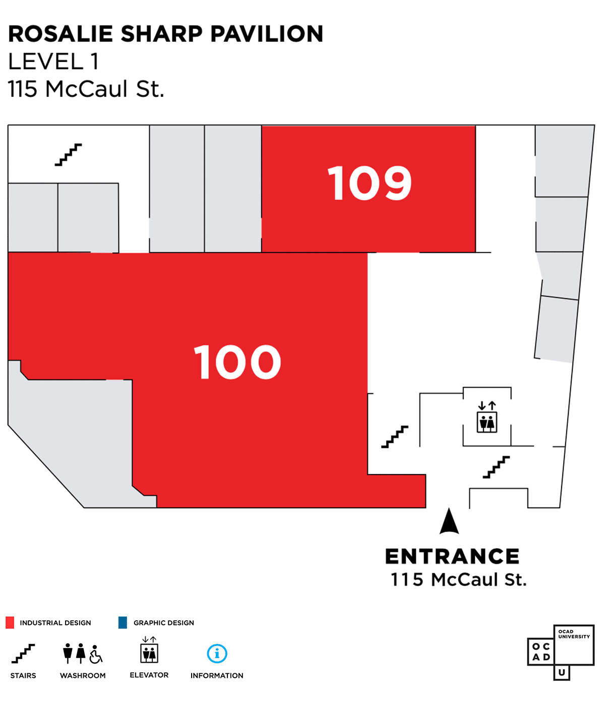 Map of 115 McCaul street level 1. Exhibitions in rooms 100, 109.