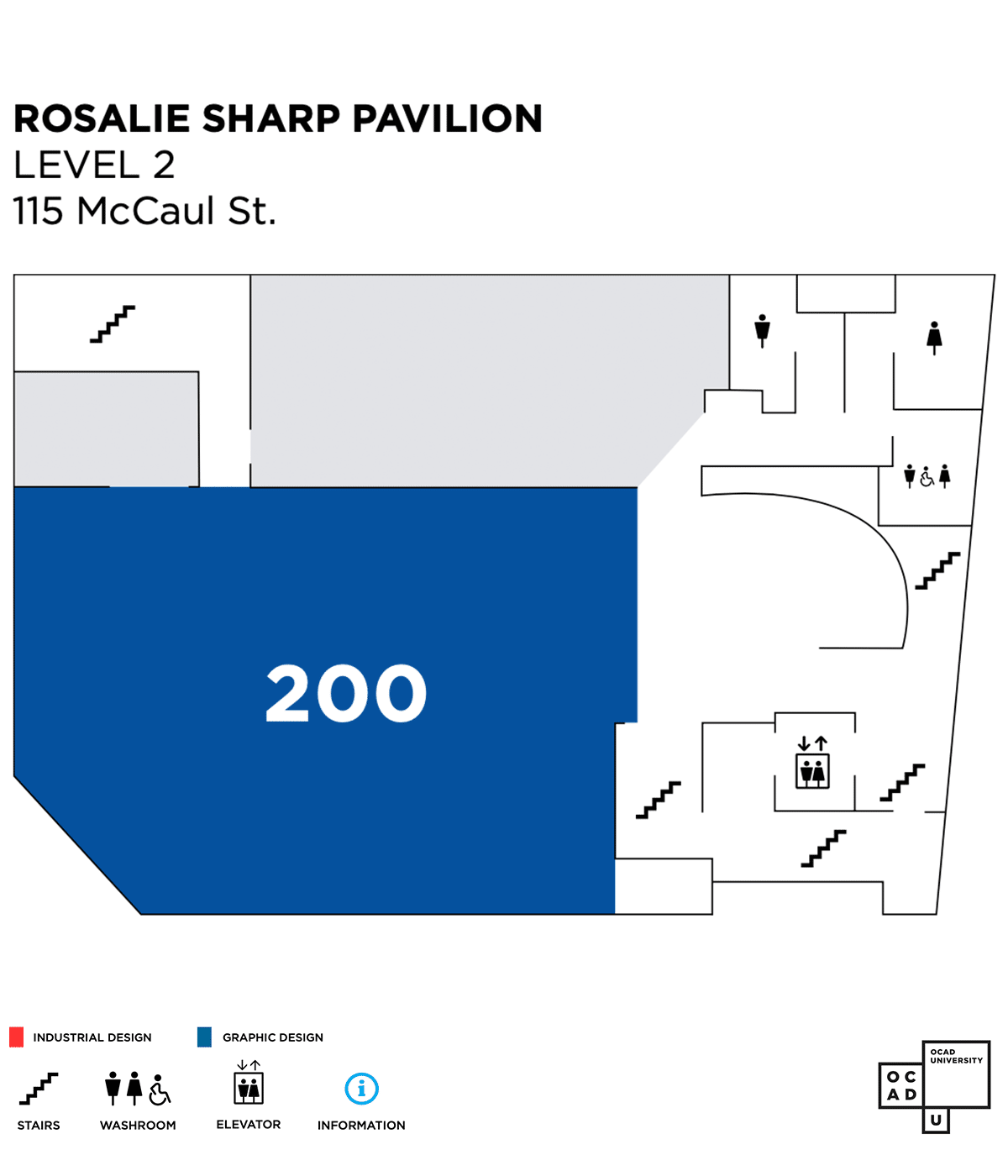 Map of 115 McCaul street level 2. Exhibitions in room 200.