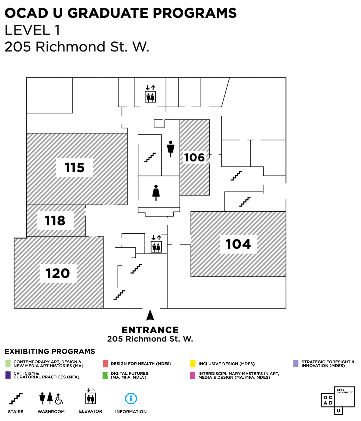 Map of 205 Richmond street level 1. Exhibitions in rooms 104, 106, 115, 118, 120.
