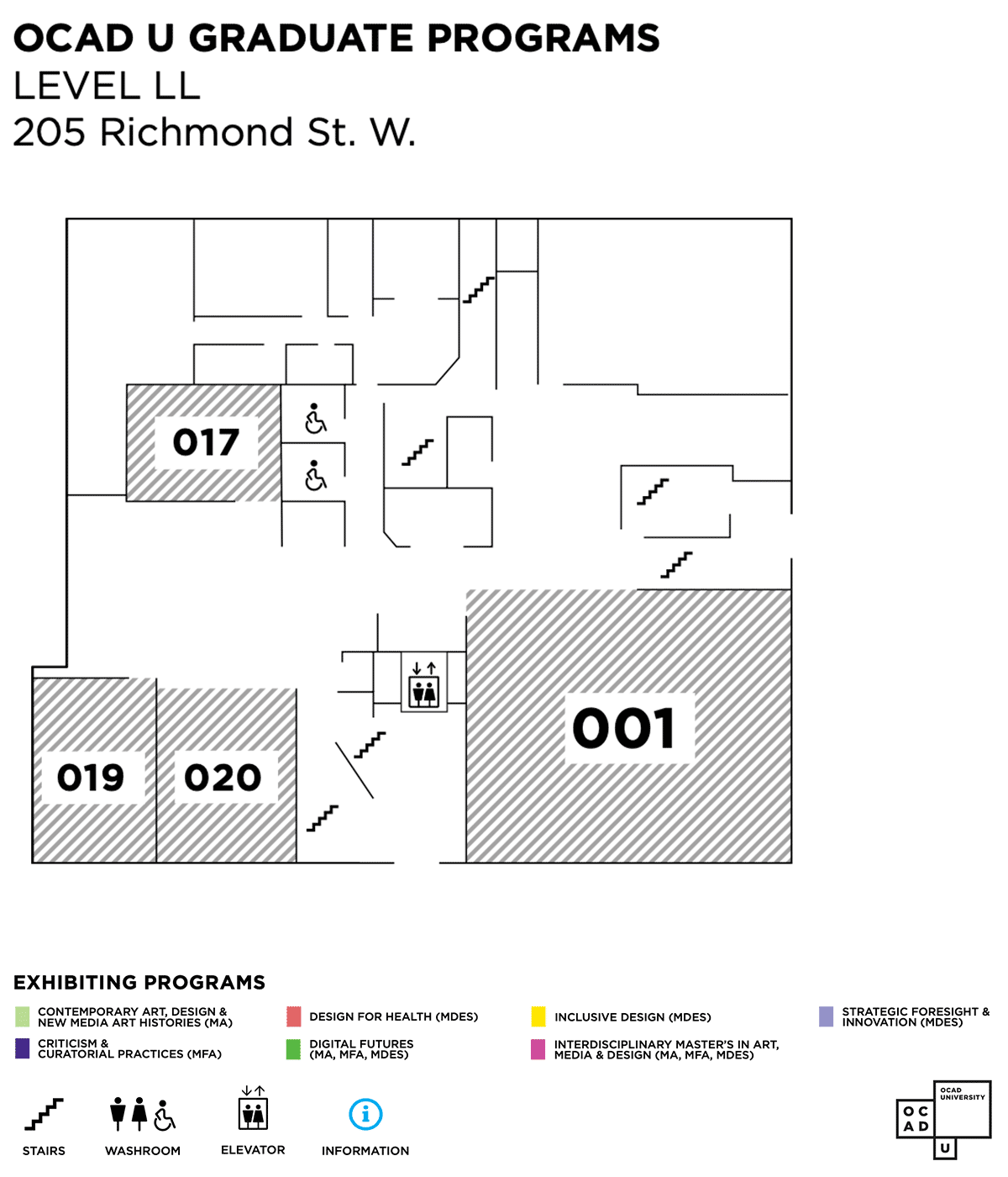 Map of 205 Richmond street lower level. Exhibitions in rooms 1, 17, 19, 20.