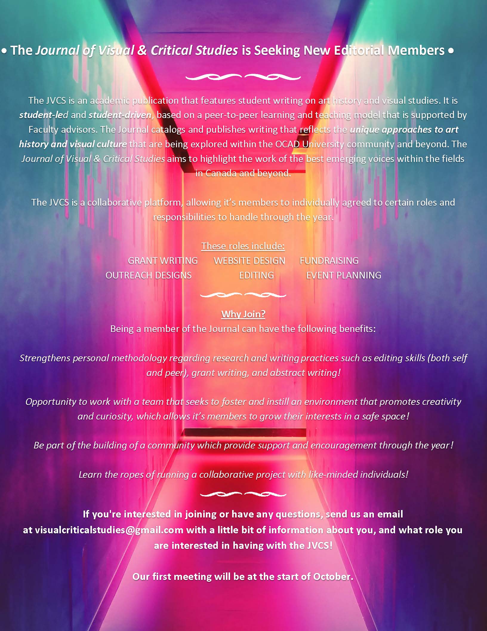 JVCS Recruitment Poster. Photo of a neon lit hallway with white text describing the JVCS Committee.