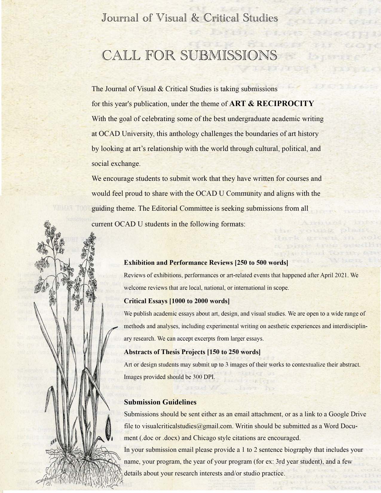 Pen drawing of flowers on aged and yellowed paper with faded, illegible text in background