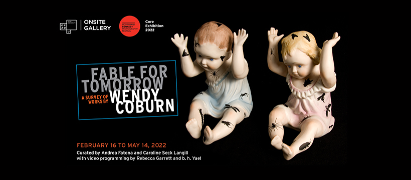Two ceramic baby dolls float on a black background. Silhouettes of insects are painted on their bodies. Text includes exhibition information (repeated in text)