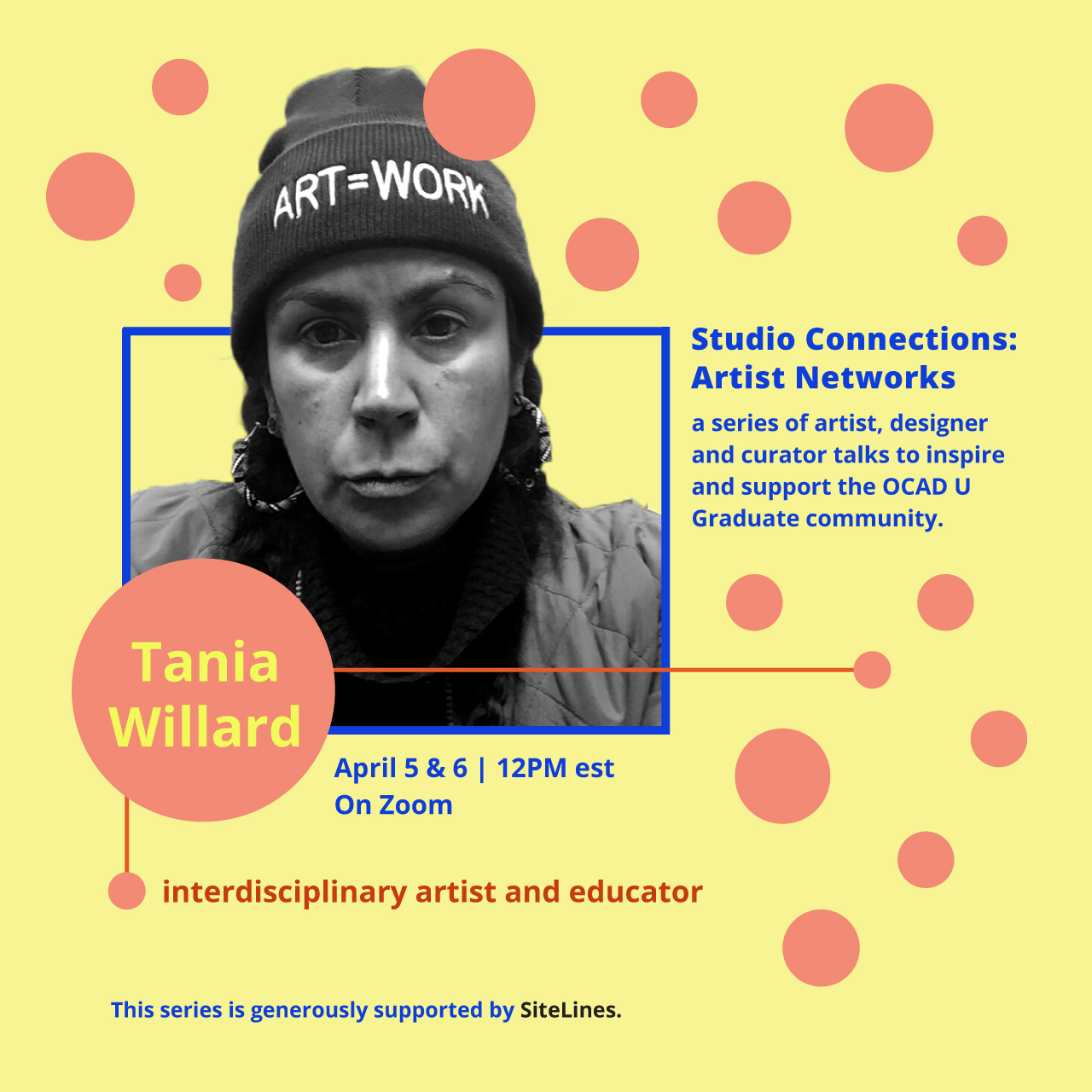 Studio Connections: Artist Networks with Tania WIllard with yellow background and red dots