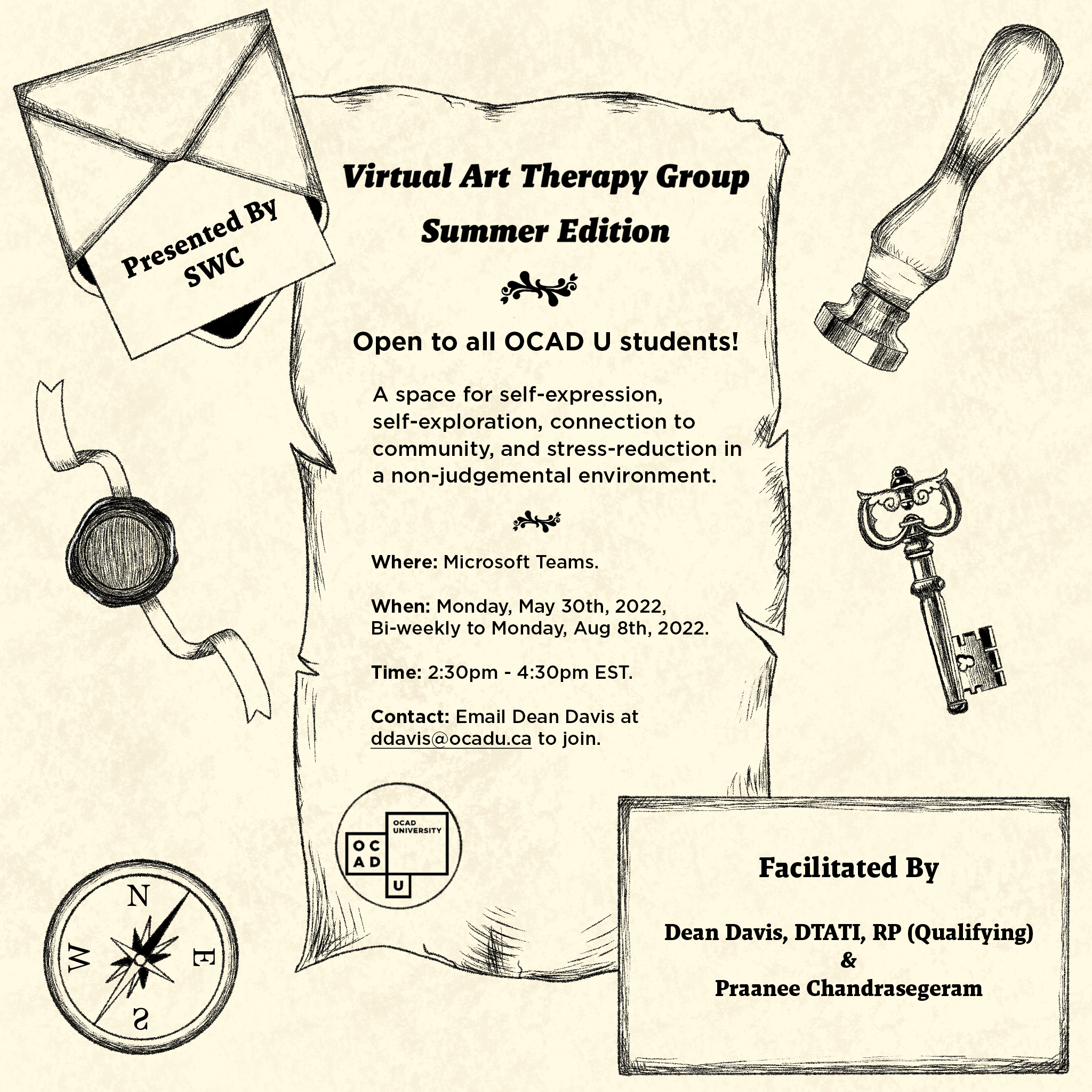 Graphic with details regarding Virtual Art Therapy groups for the spring/summer 2022 semester.
