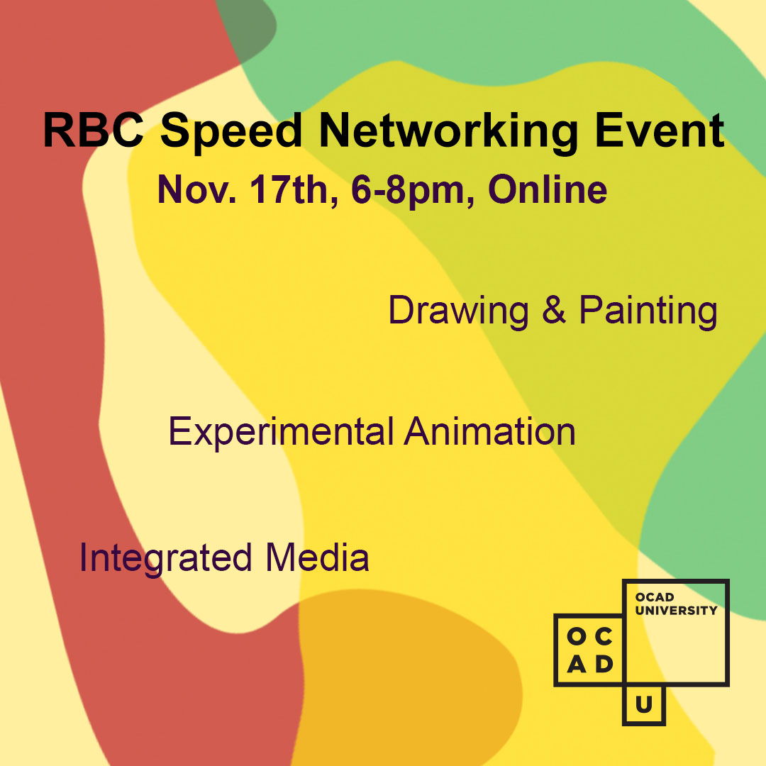 pale yellow background with red, yellow, and green overlapping organic shapes. With text reading "RBC Speed Networking Event. Nov 17, 6pm to 8pm, online"