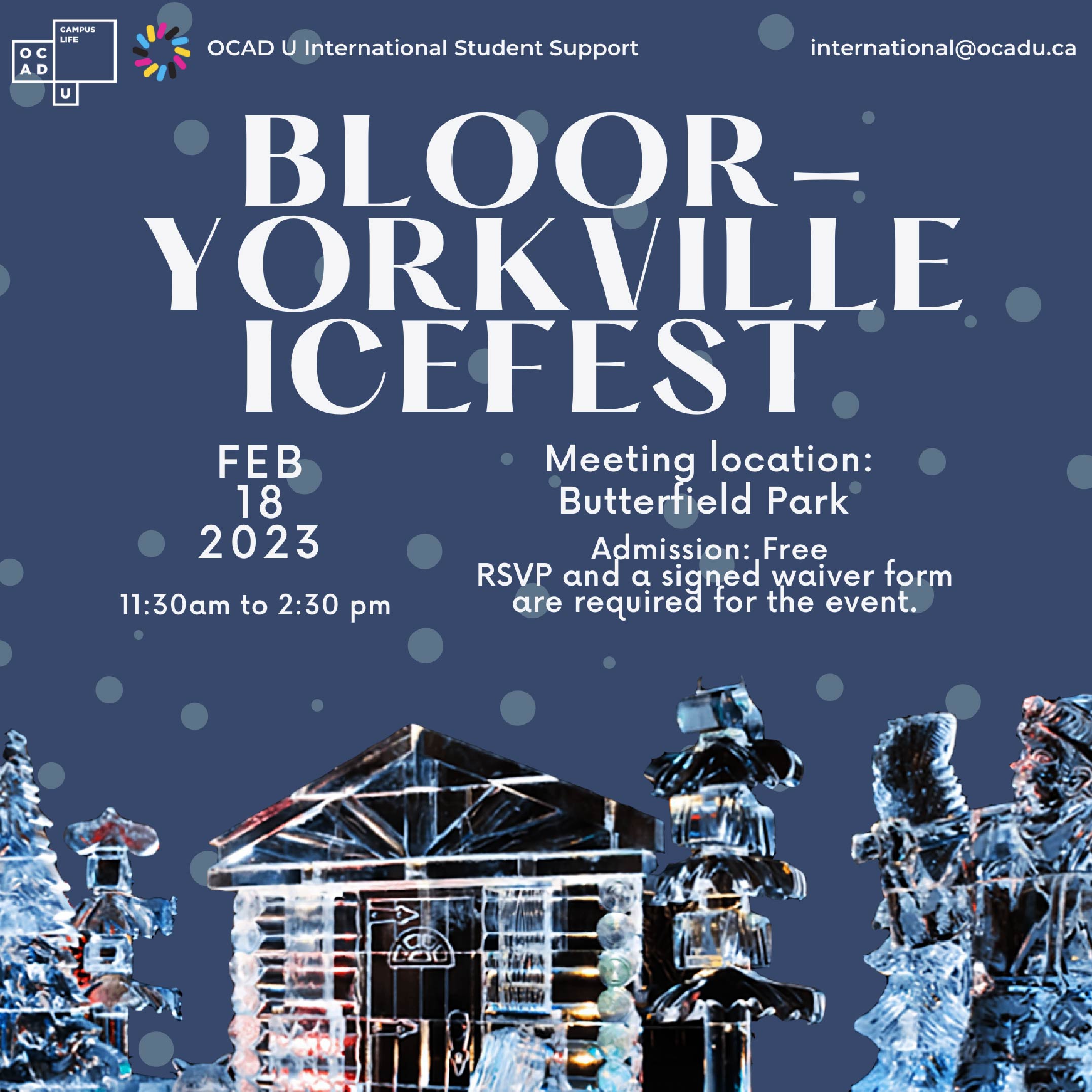 Image description: student-designed graphic shows a variety of ice sculptures: trees, animals, lumberjack and a cabin. Text as found above.