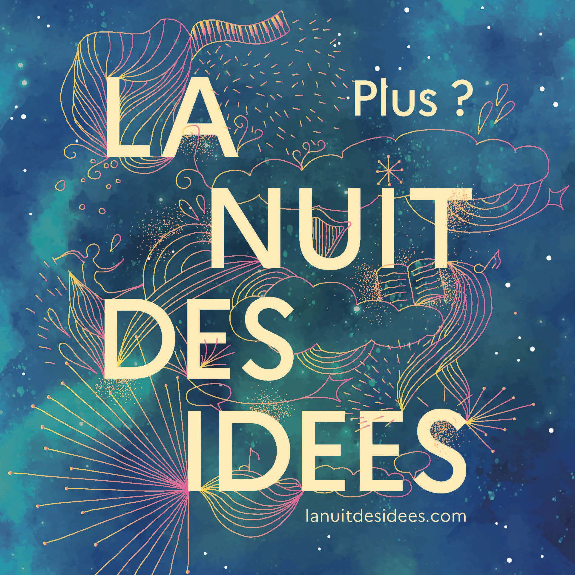 A square graphic that reads “LA NUIT DES IDEES” “Plus?” and “lanuitdesidees.com” in pale yellow, against a dreamy backdrop of a starry night sky, and pink and yellow line drawings of clouds, books, music notes and more.