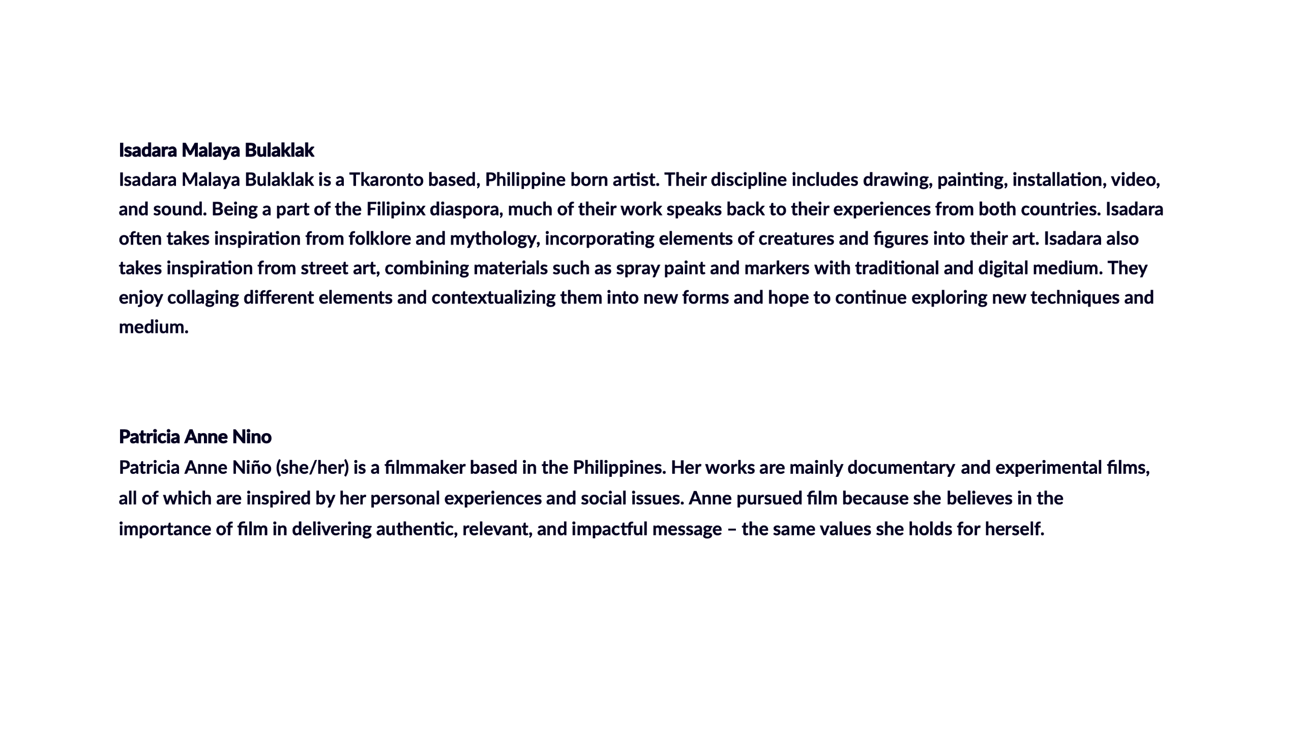 Isadara and Patricia bios