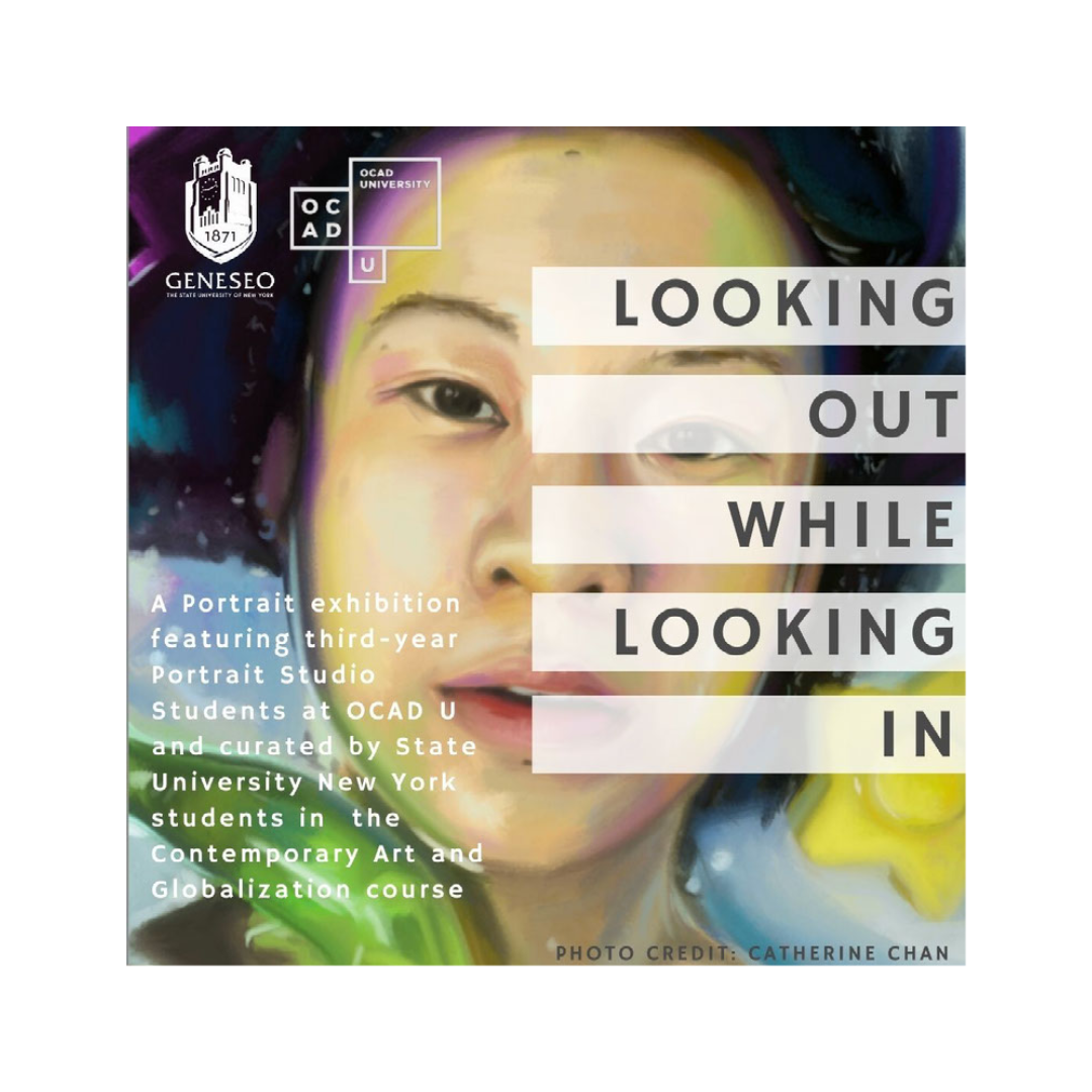 Painting of a woman with the words Looking Out While Looking In in the foreground