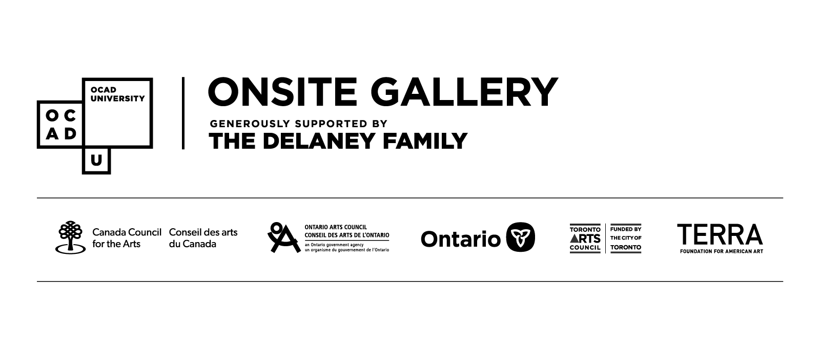 Logo Lock of Onsite Gallery, Canada Council for the Arts, Ontario Arts Council, Toronto Arts Council and Terra