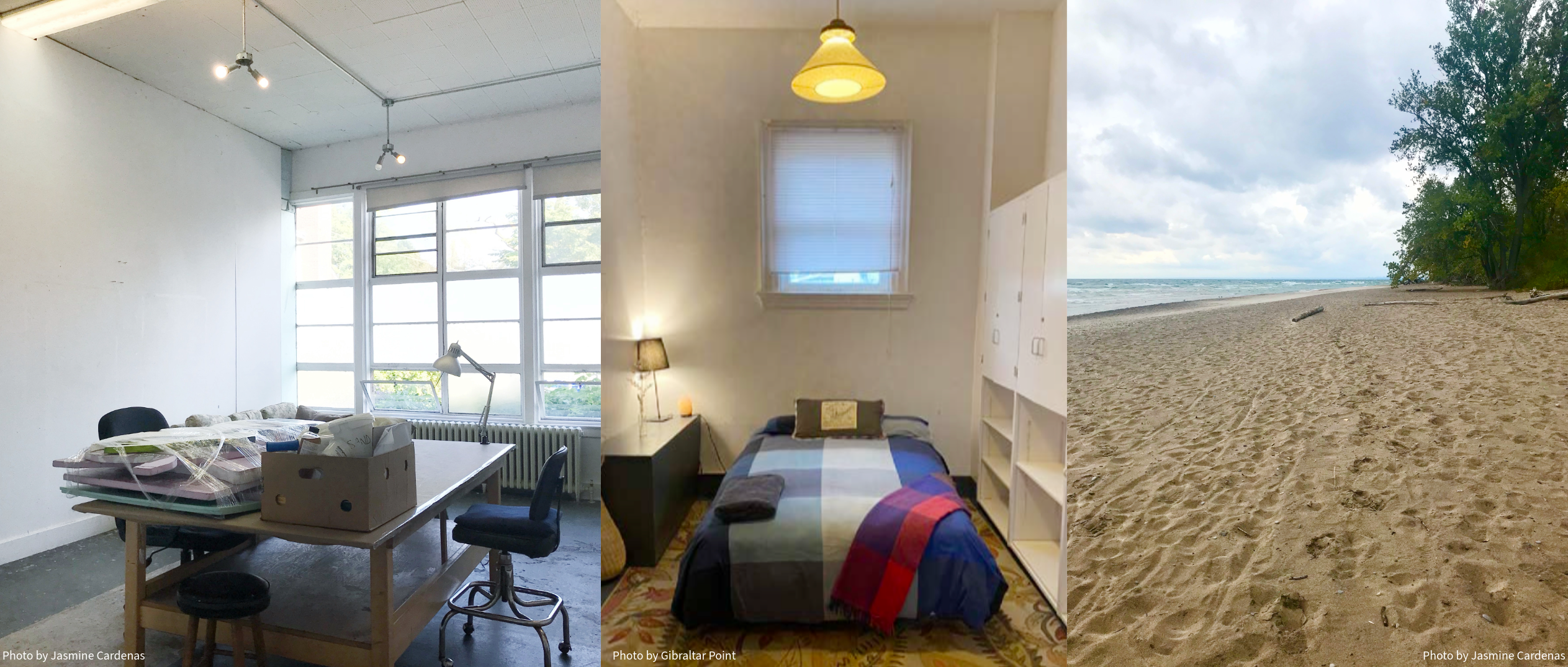 Gibralter Point Residency, 3 images: showing studio space, bedroom, and island beach