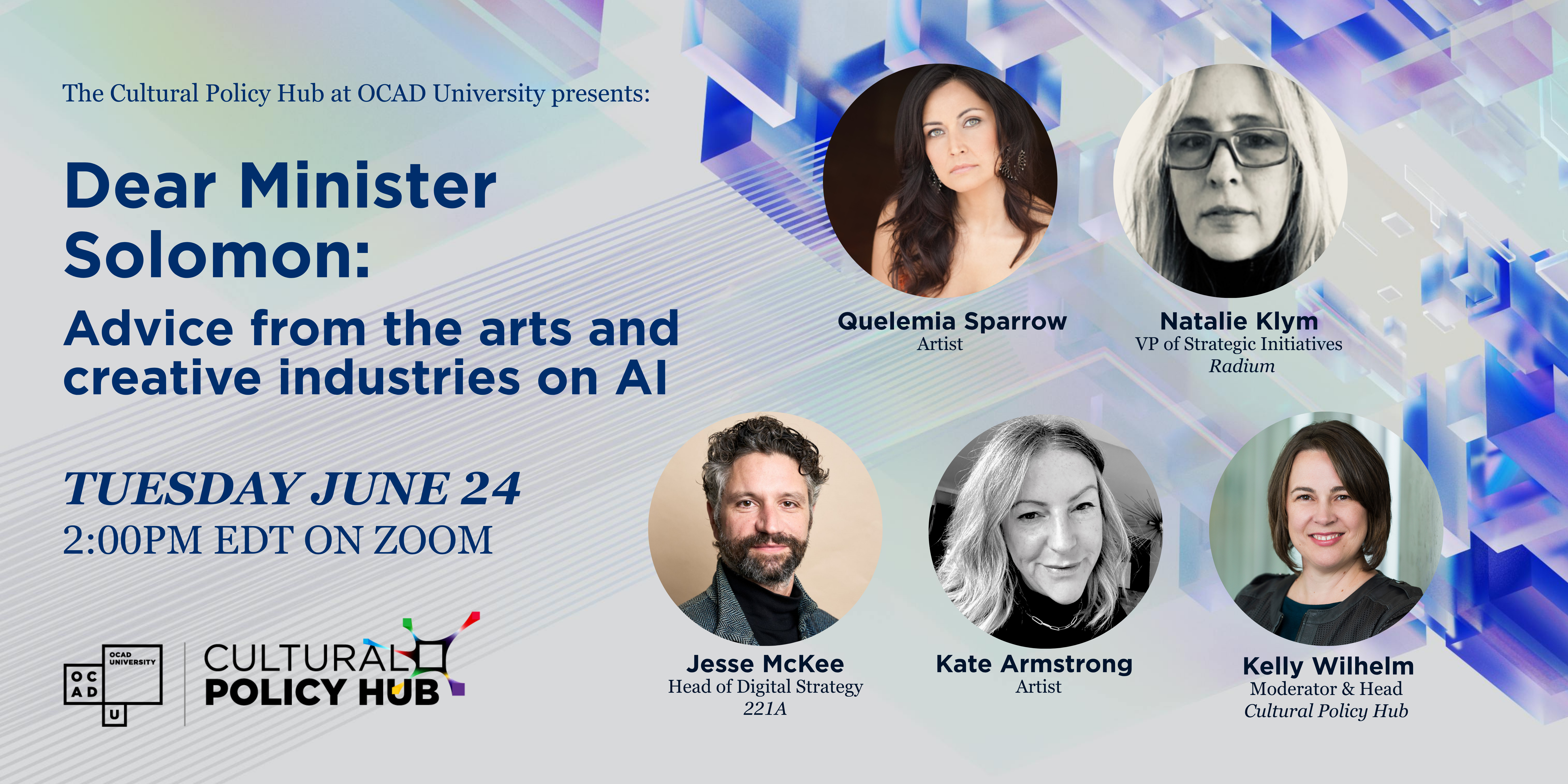 A poster for the Hub's roundtable on AI featuring text outlining details for the event as well as panelists headshots on a grey and blue background.