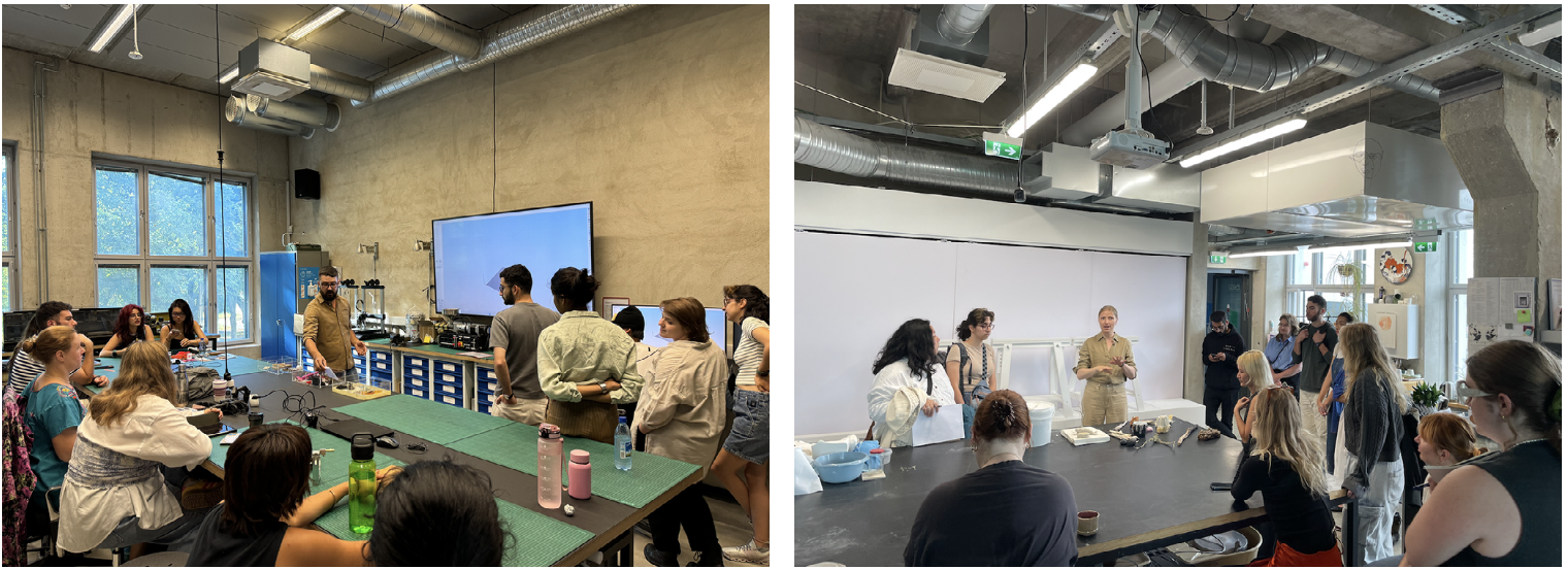 Figure 1. Studio tours in the Digital Prototyping Lab (left) by Madis Kaasik and in the Ceramics Studio by Kristel Saan (right). Photographs by Azeem Hamid and Nithikul Nimkulrat.