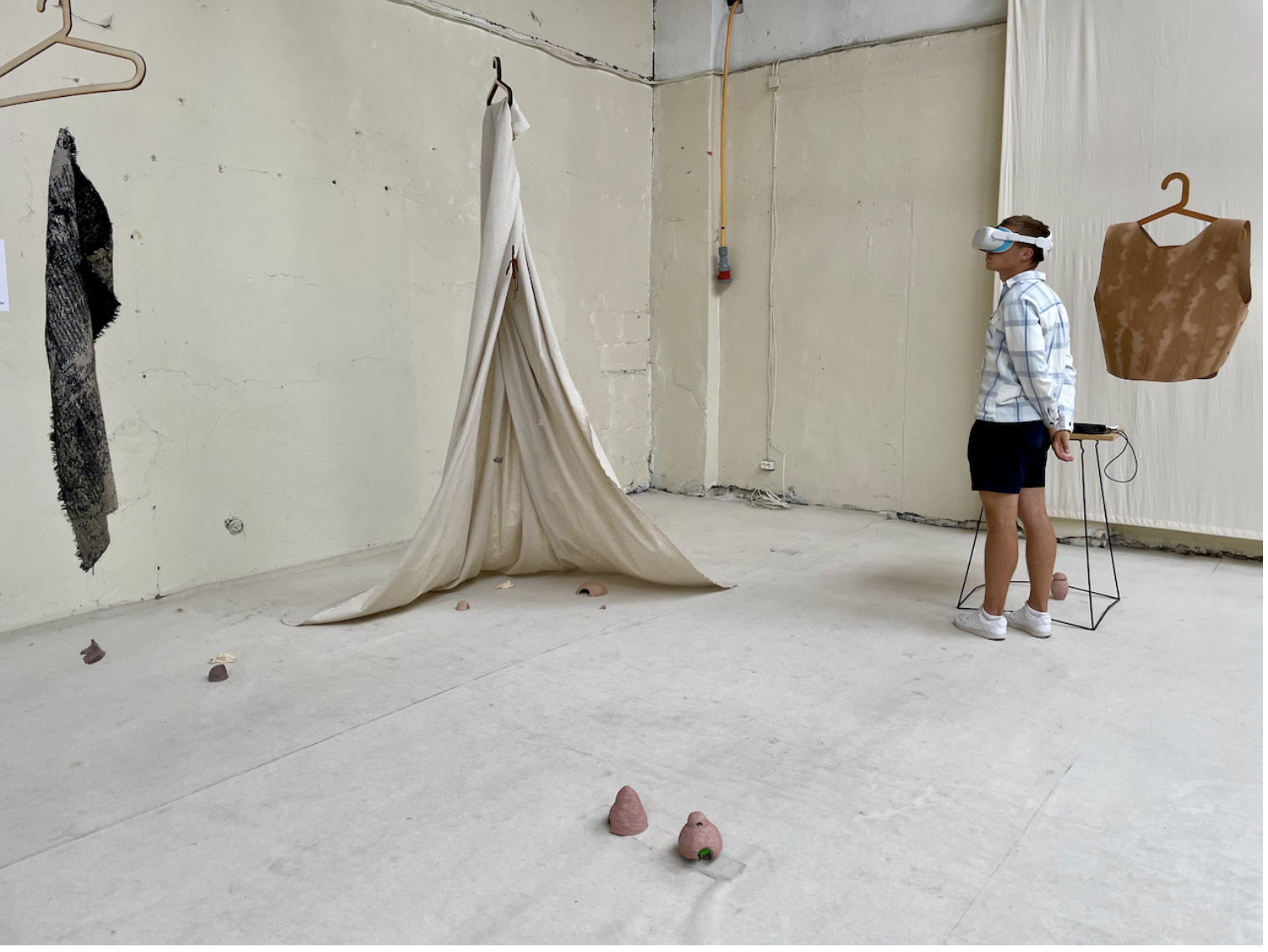 Ambiguity—the In-betweens, ceramic hand-building, jacquard weaving, cotton, laser-cutting, plywood, VR, leather forming, plants, by Lara Brener, Liis Lillo, Nina Iglesias, and Shawn Vieron (photograph by Nithikul Nimkulrat)