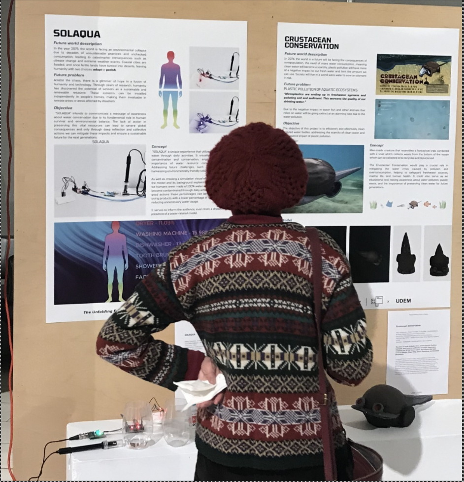 Woman in beret reading a poster