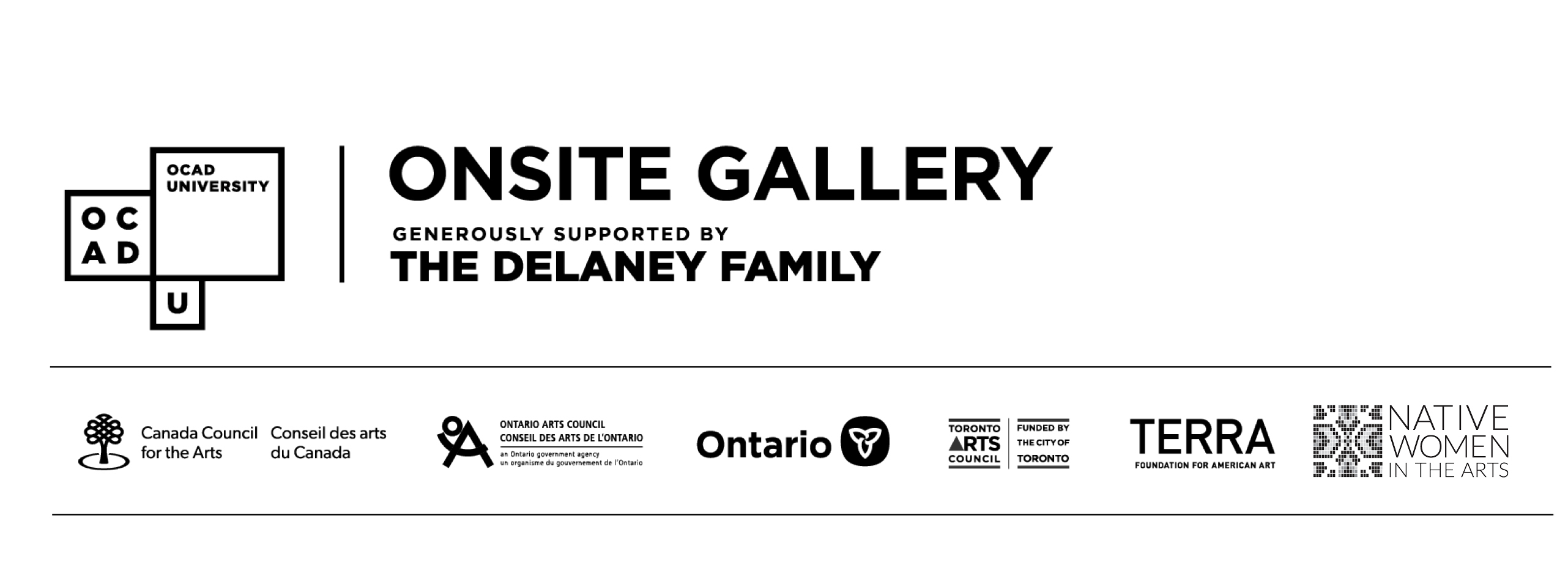 Logo Lock of Onsite Gallery, Canada Council for the Arts, Ontario Arts Council, Toronto Arts Council, TERRA & Native Women in the Arts