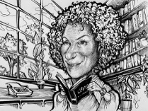 Black and white drawing of a person in a library
