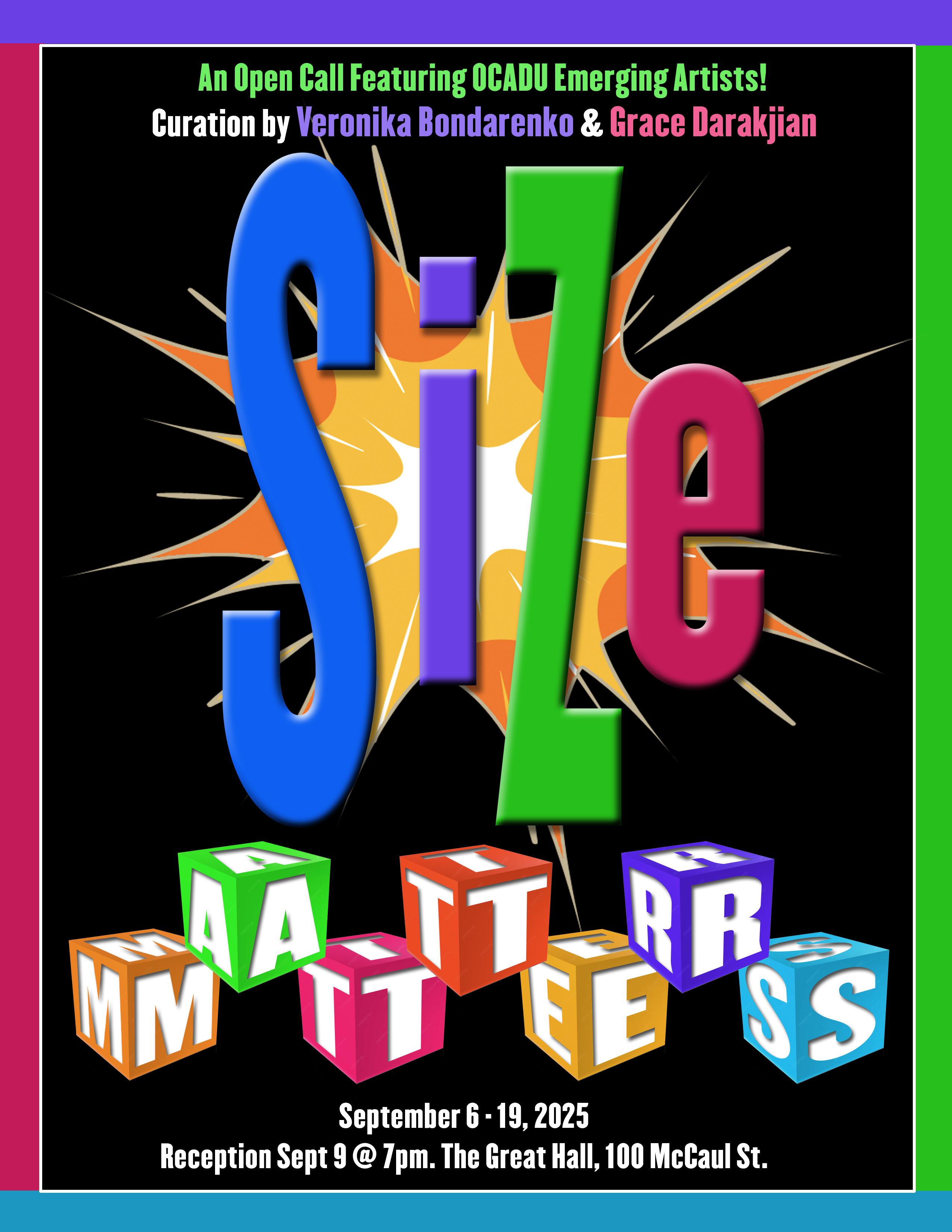 Exhibition poster with black background and coloured fonts