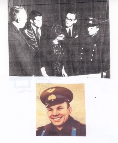 Black and white photo of filming Yuri Gagarin in the Kremlin