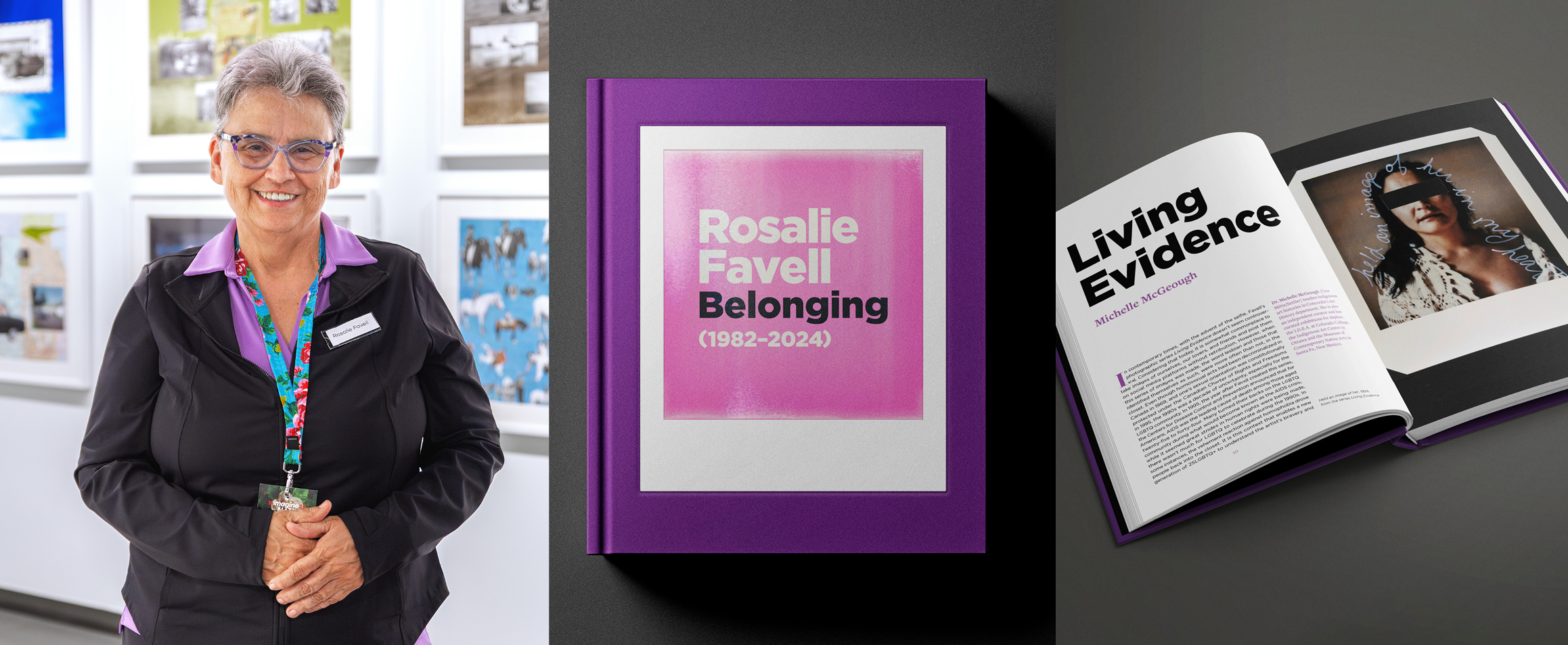 On the left, an image of a woman with short white hair, wearing purple eye glasses and black sweater. On the centre and right are images of a book