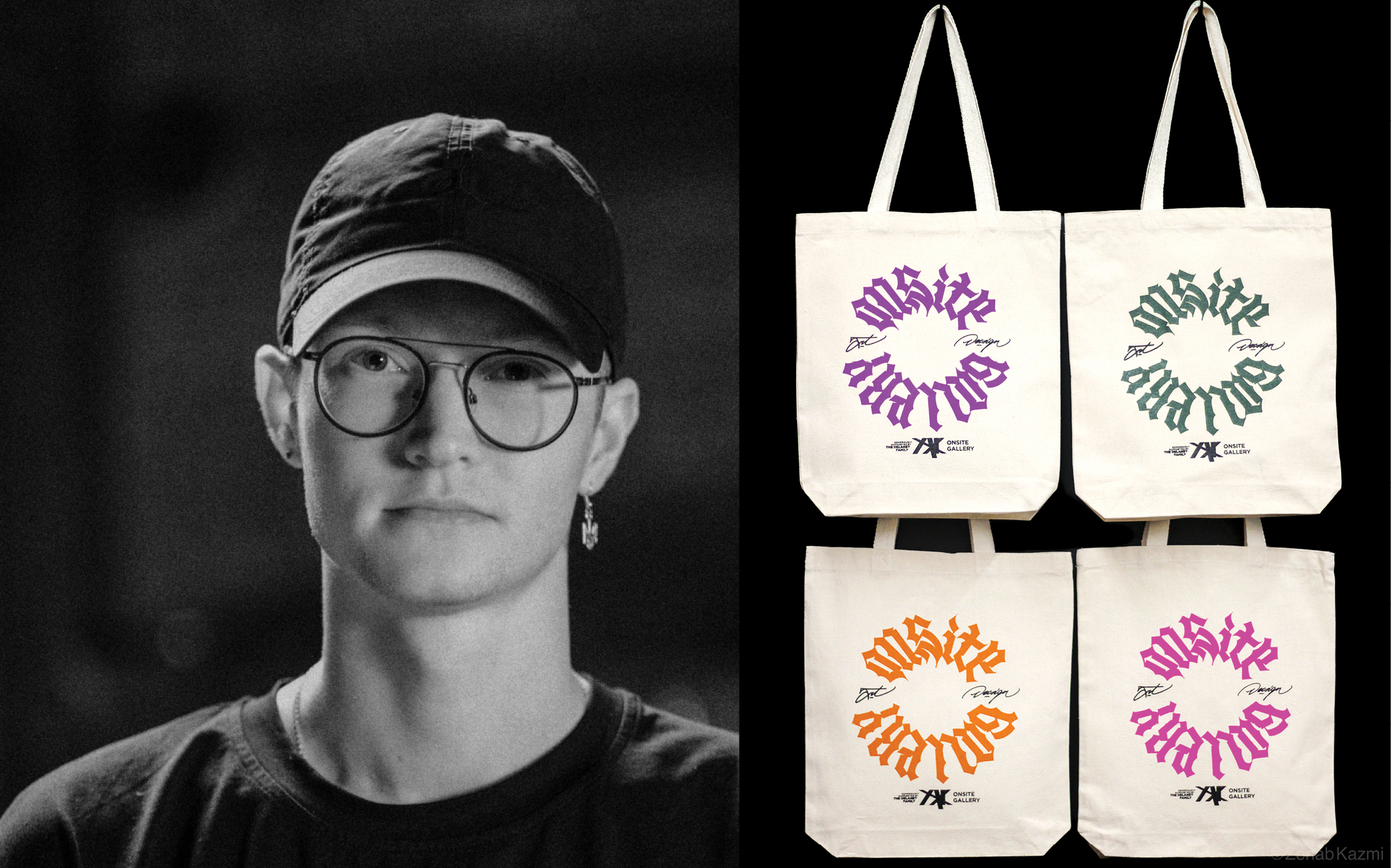 a man with glasses and hat. on the right, 4 tote bags