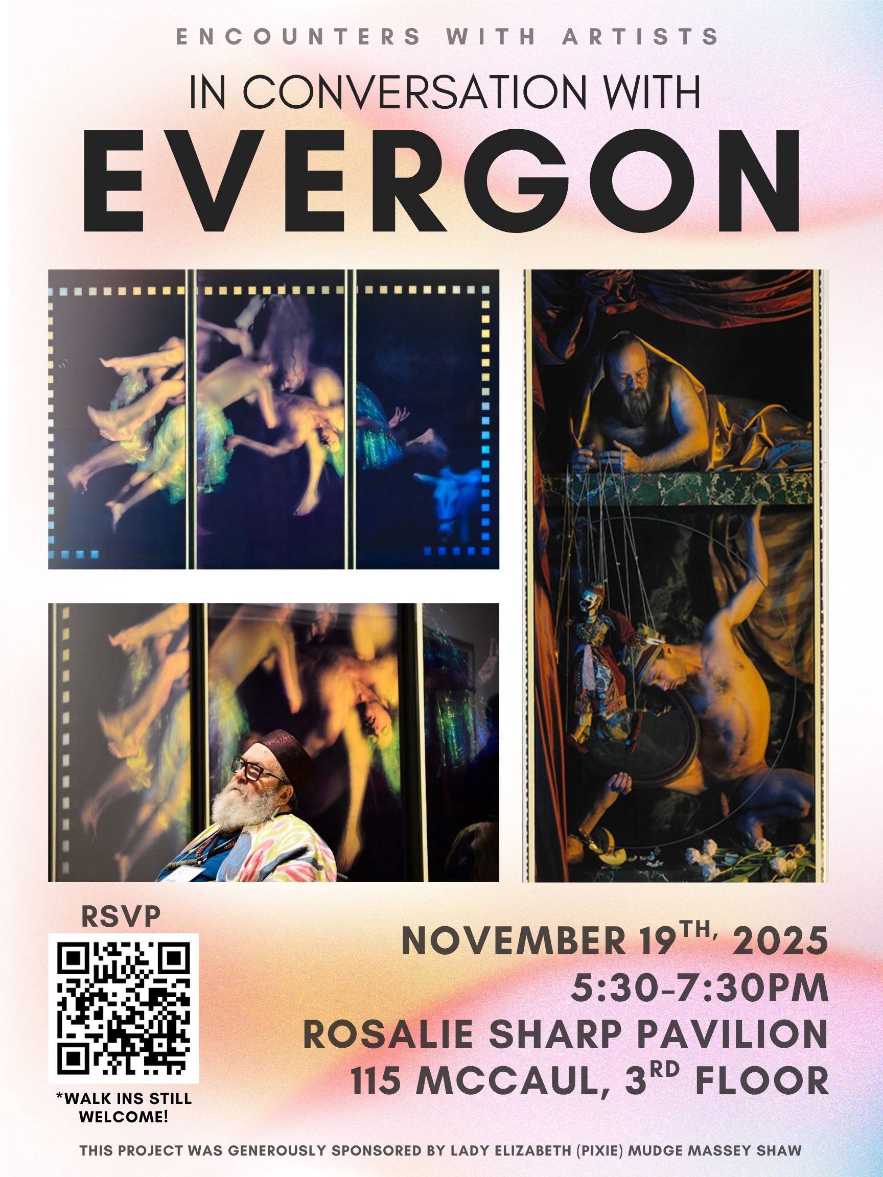 Poster with artwork, artist and RSVP QR code