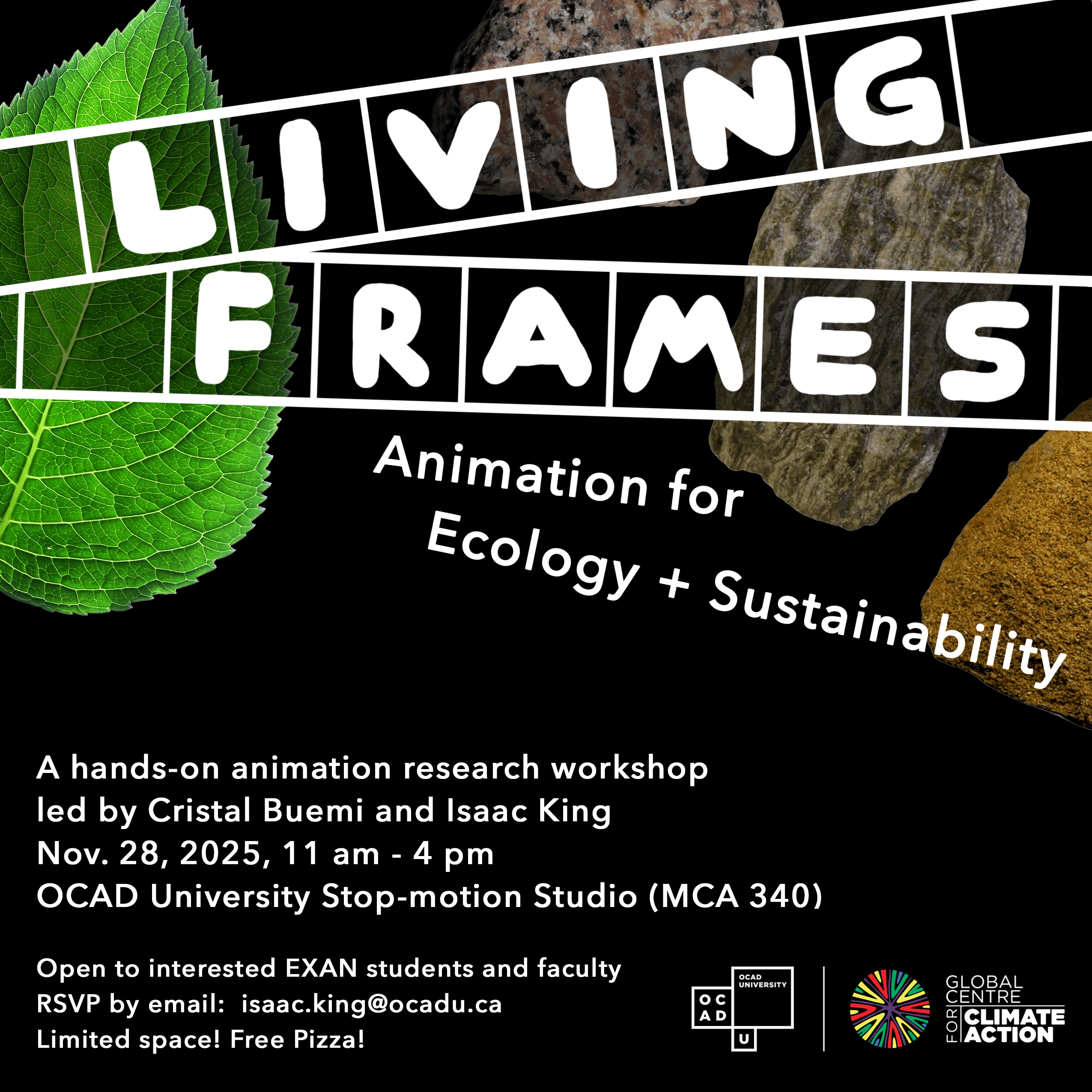 Black background poster with leave and stone. Workshop information in white font