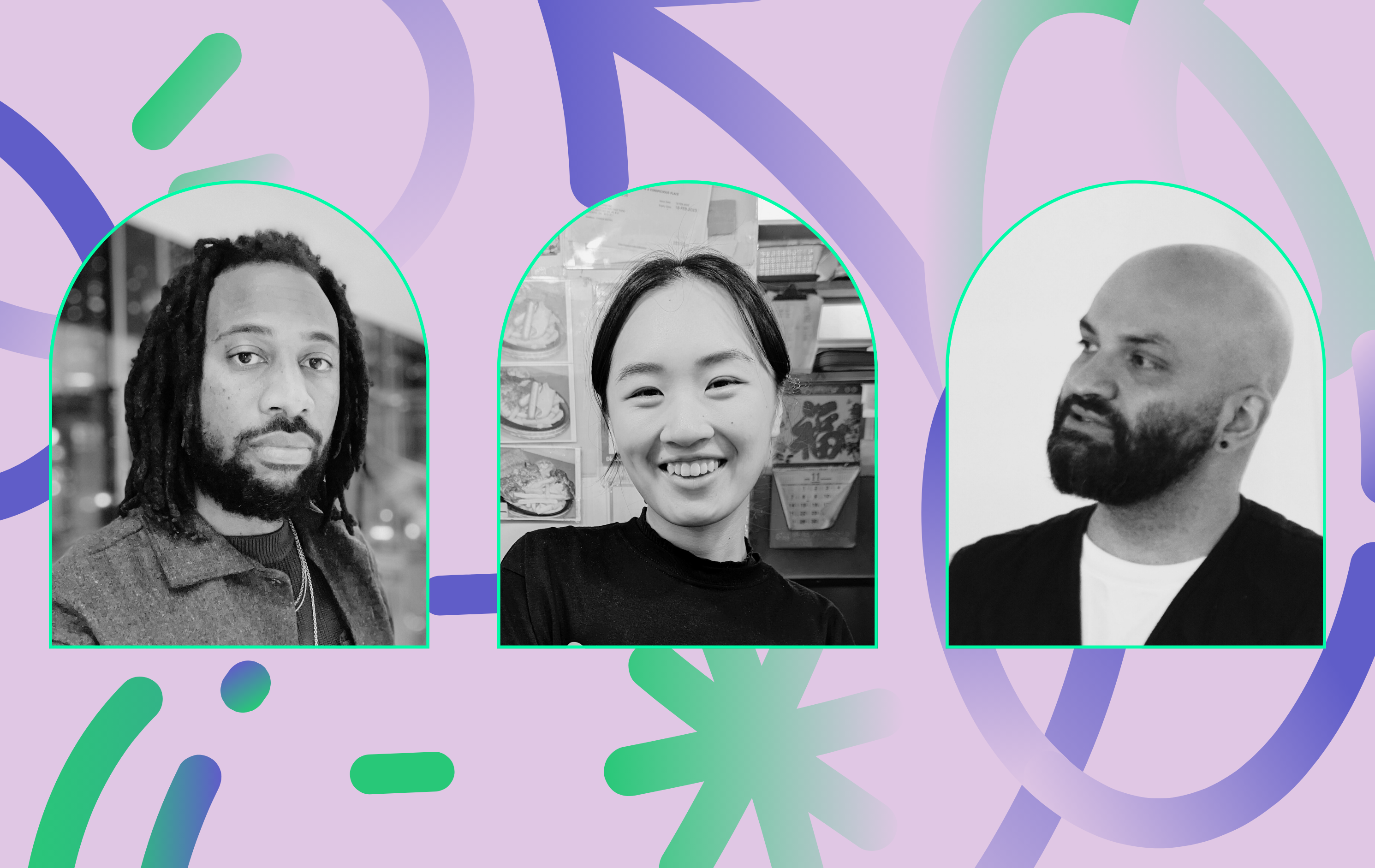 Purple background with dark purple and green patterns and black & white headshots of Christopher Wilson, Anna Peng and Reza Nik.