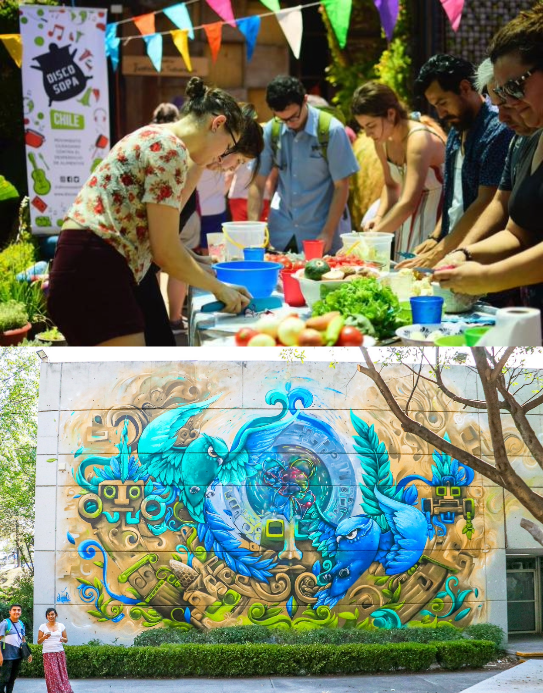 students participating in culinary volunteering, people standing in front of mexico city street art