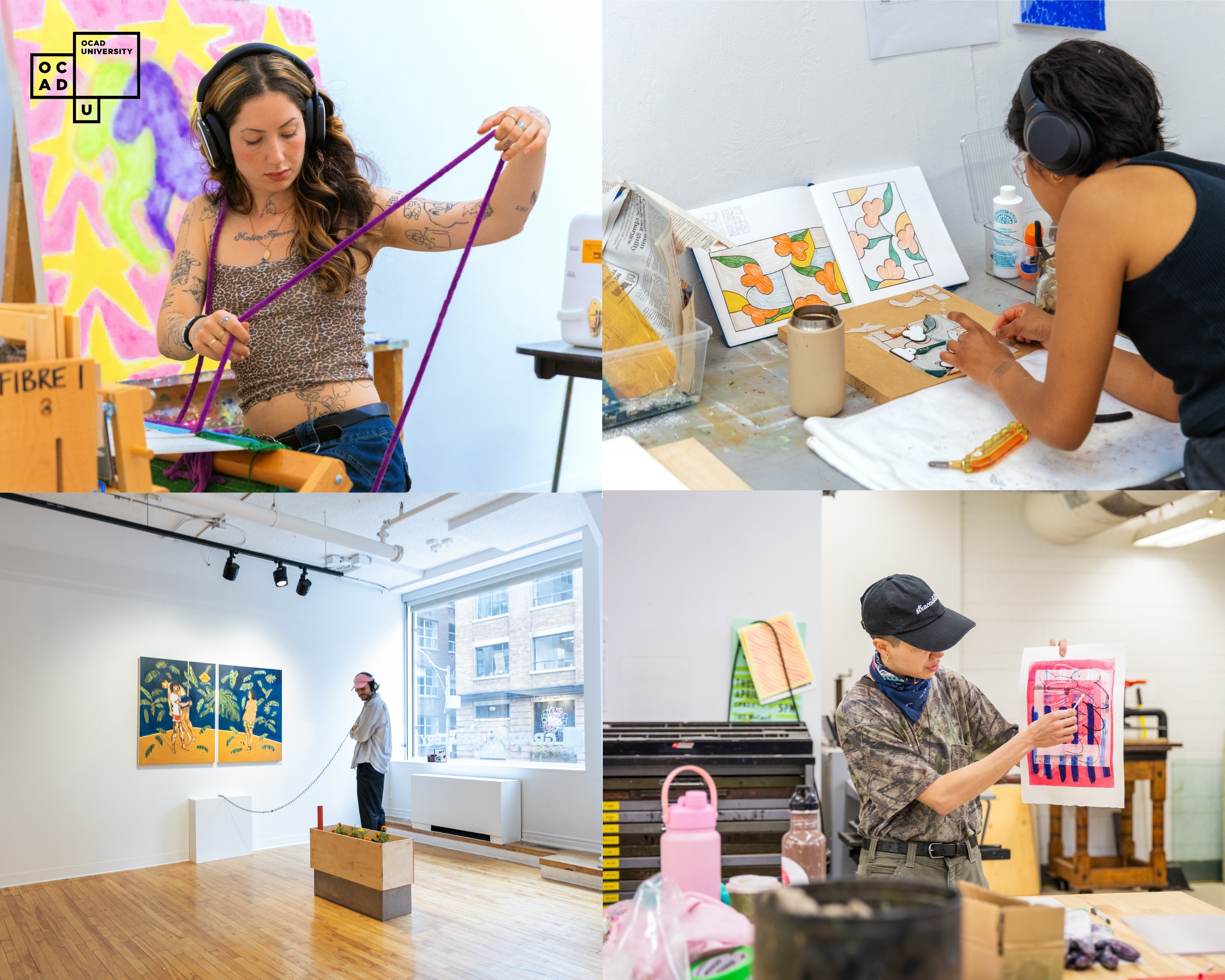 a collage of four images of artists working in various ocad u studios as part of the 2025 thirdspace residency