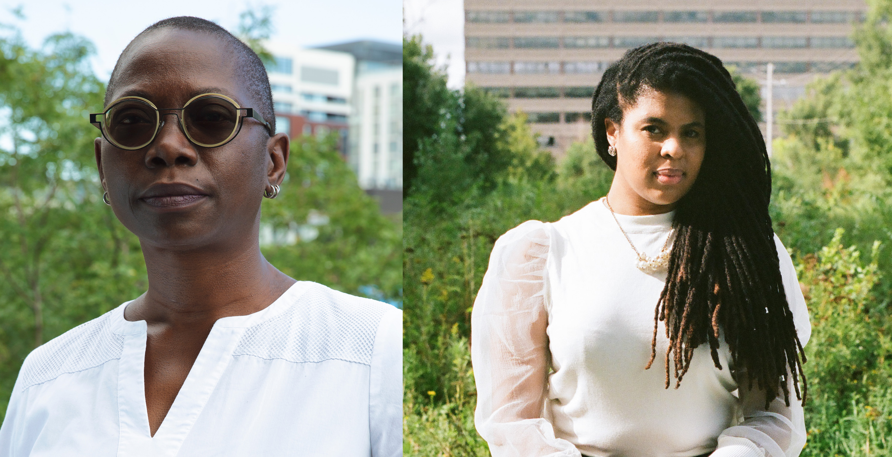 Two women: on the left a woman with short hair, wearing sunglasses and white shirt. One the left a woman with long dreadlocks and cream colored sweater.