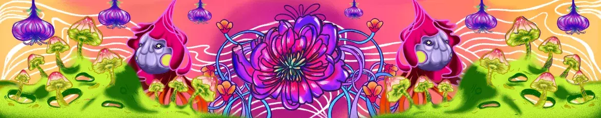 Colourful purple flowers against green and pink background