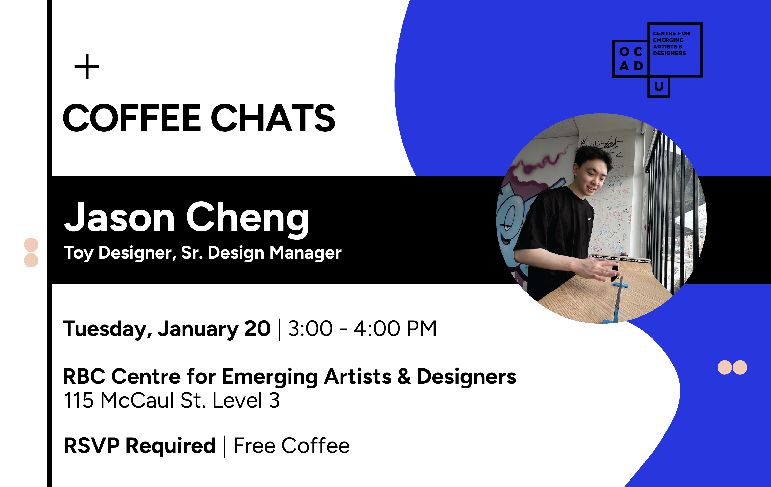 White background with blue curvy graphics on right and a round headshot of Jason Cheng in the foreground