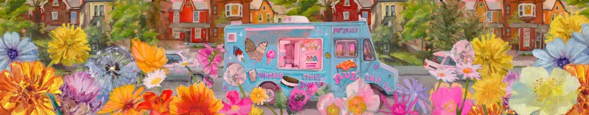 Blue ice cream truck in middle of photo with colourful flowers in front