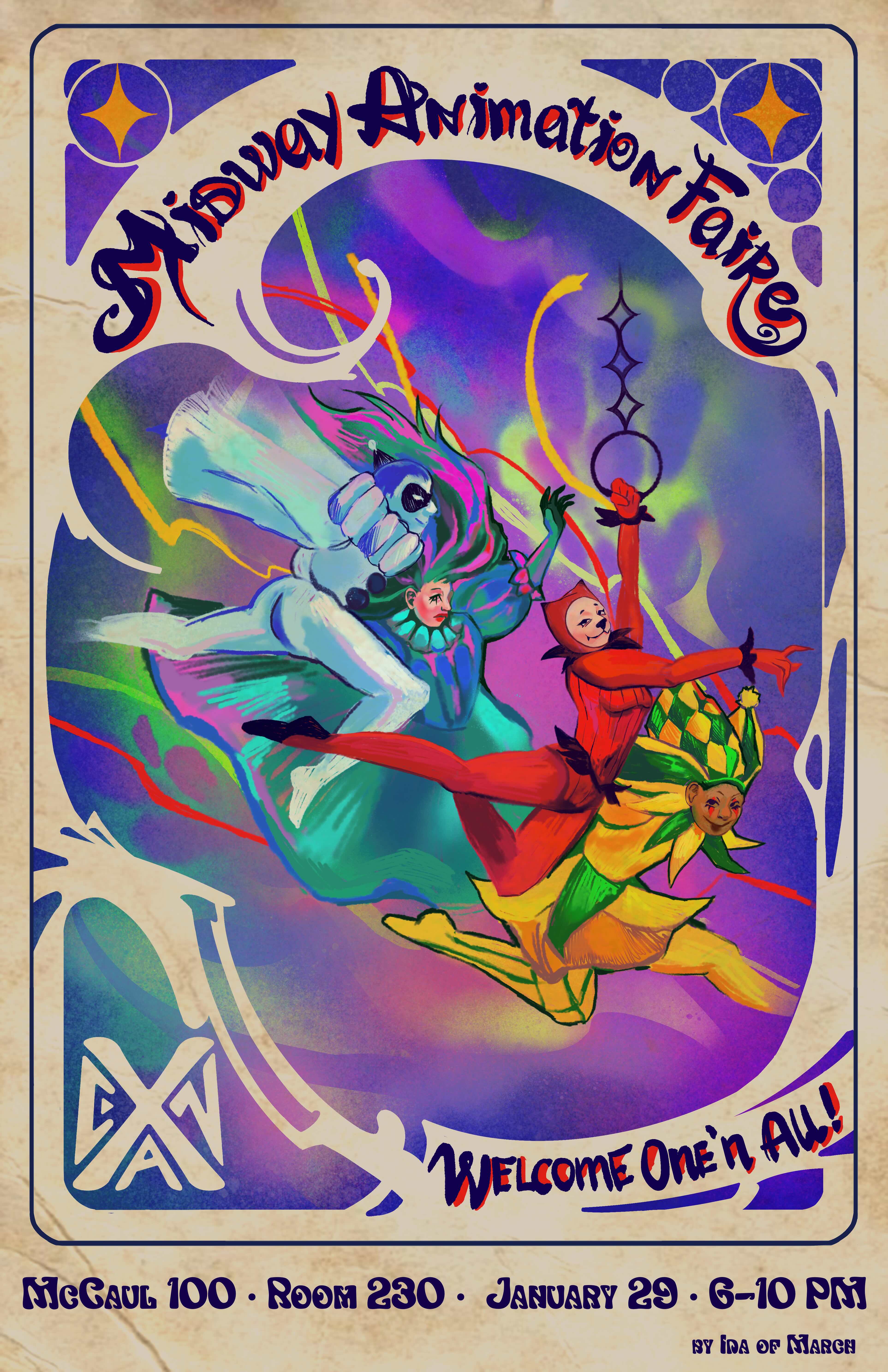 A poster of 4 circus performer and screening information