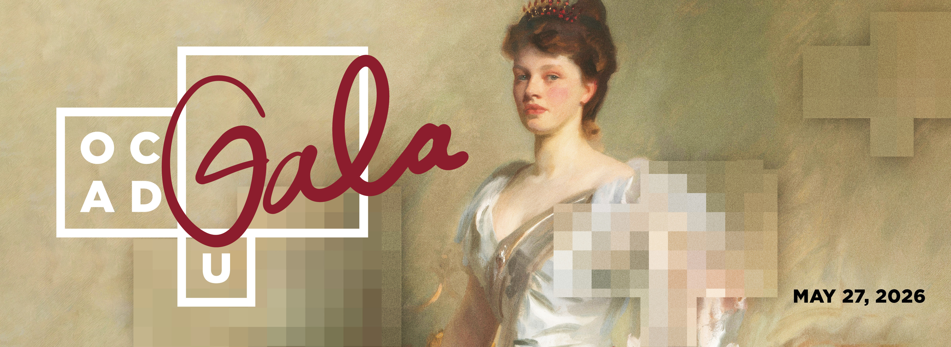 Banner-style image promoting the OCAD U Gala, featuring a classical painting of a woman in a white dress. 