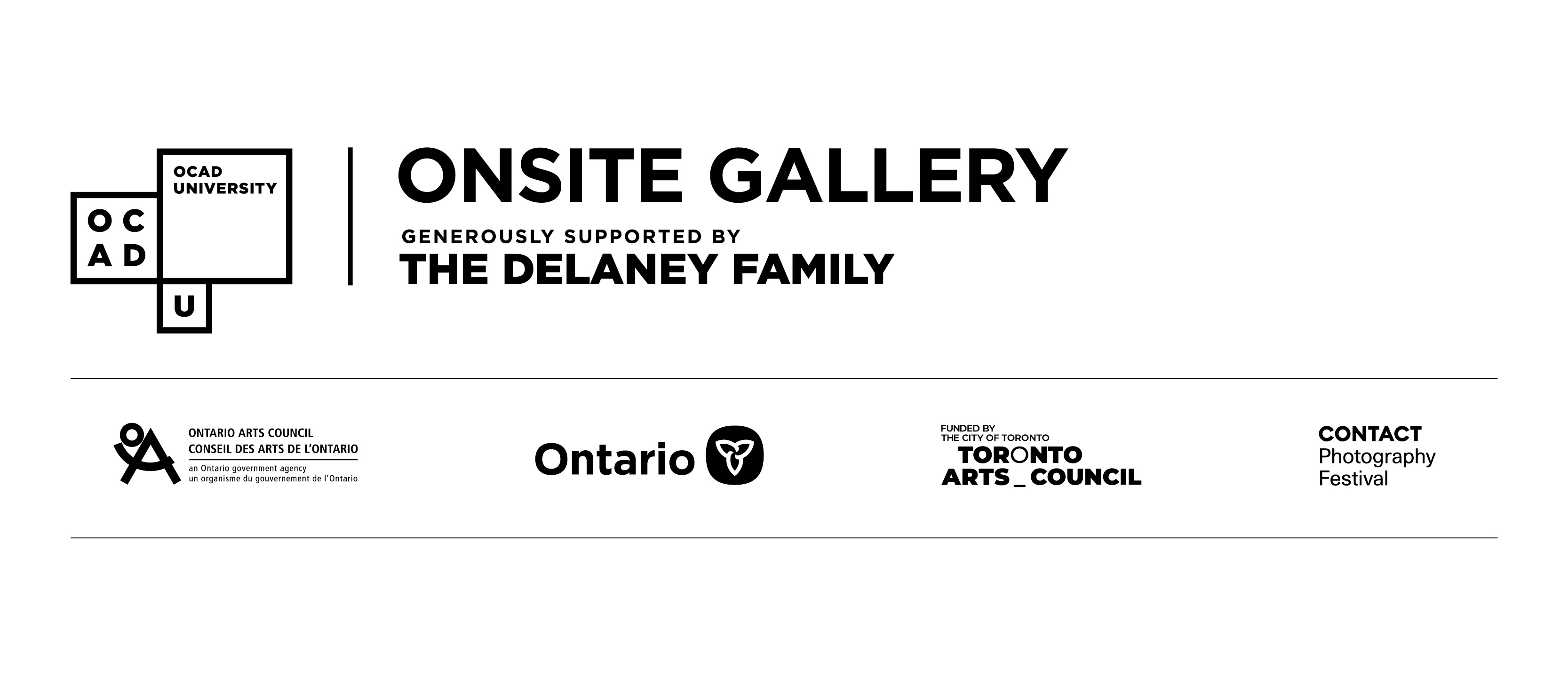 Logo Lockup: Onsite Gallery, OCAD University, Generously Supported by The Delaney Family, Ontario Arts Council, Government of Ontario, Toronto Arts Council, Contact Photography Festival