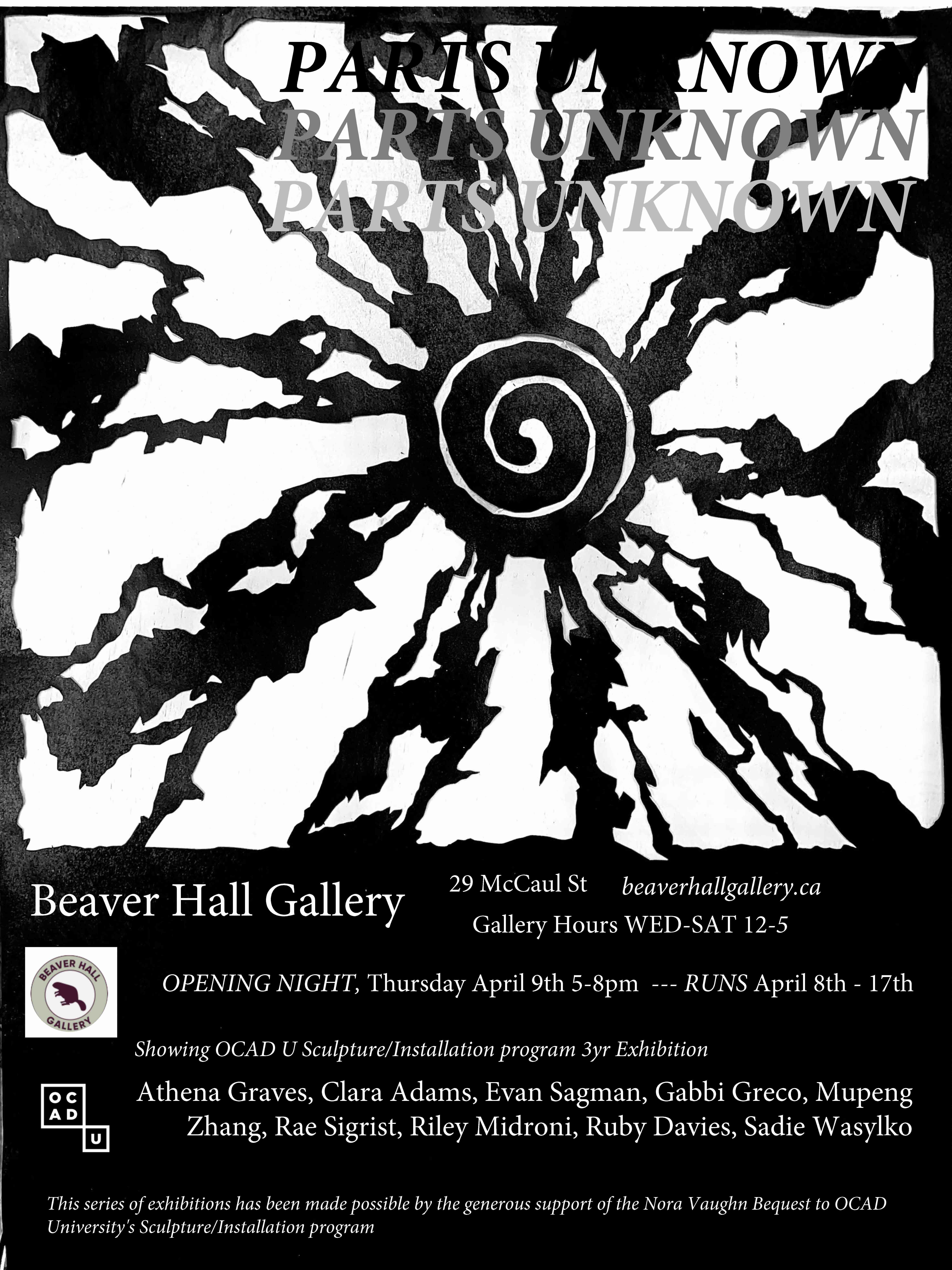 Black and white poster with student exhibition info