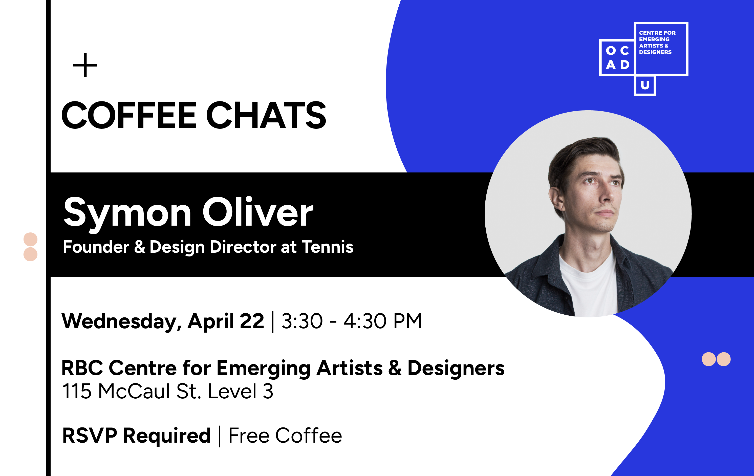 White background with blue curvy shape on left with round headshot of Symon Oliver.