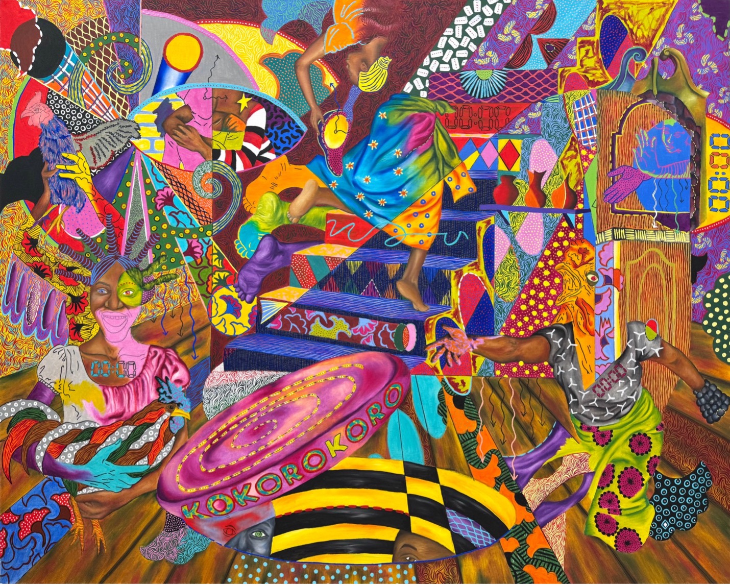 A collage of vibrant colours with people's faces, stairs, hands, legs and arms and dresses