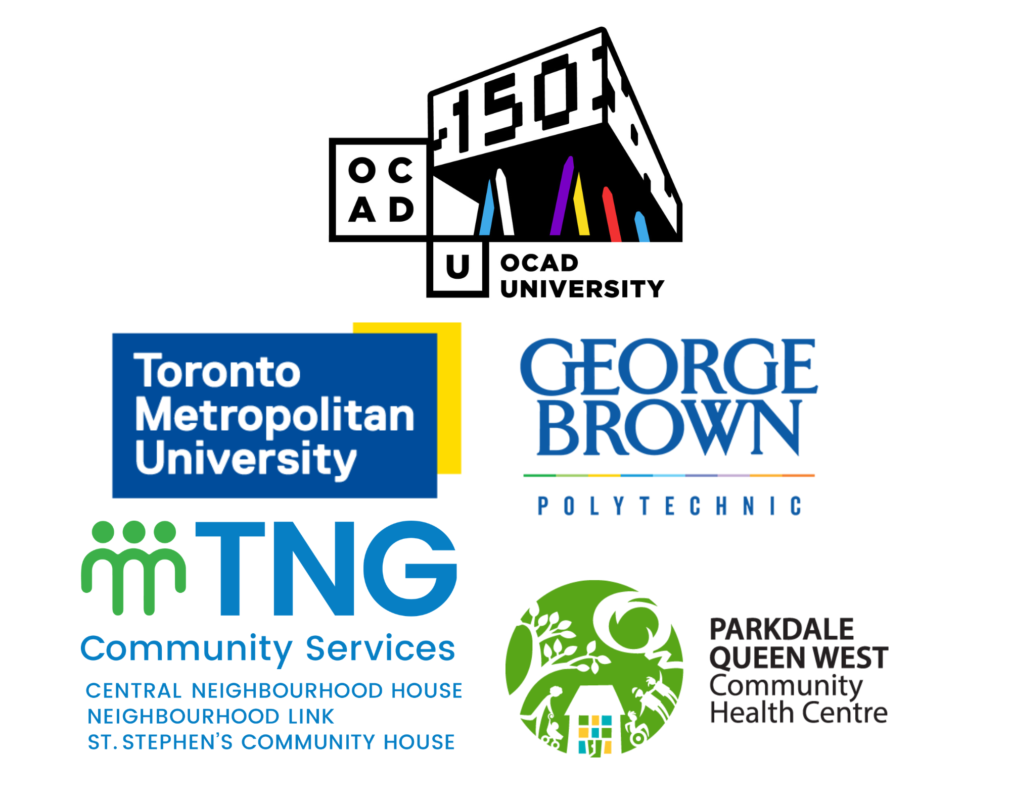 5 logos, OCAD University, 150, Toronto Metropolitan University, George Brown Polytechnic, TNG Community Services, Parkdale Queen West Community Health Centre